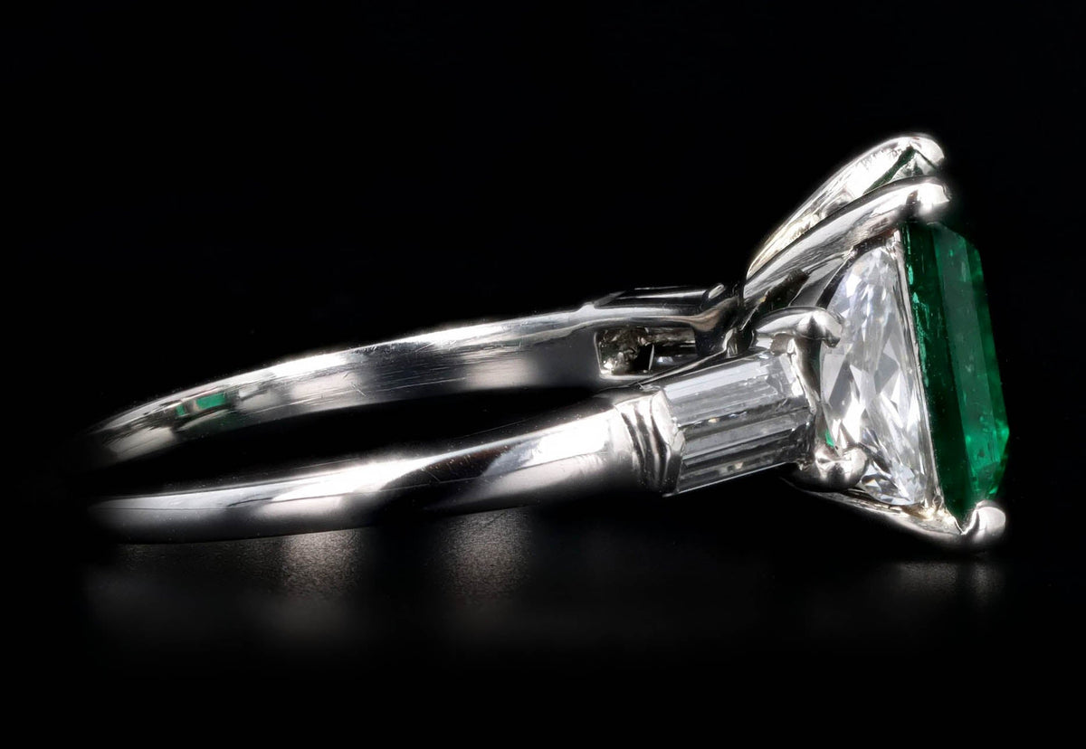 Art Deco 2.85 Carat Natural Colombian Emerald & Half Moon Diamond Ring in Platinum - Queen May