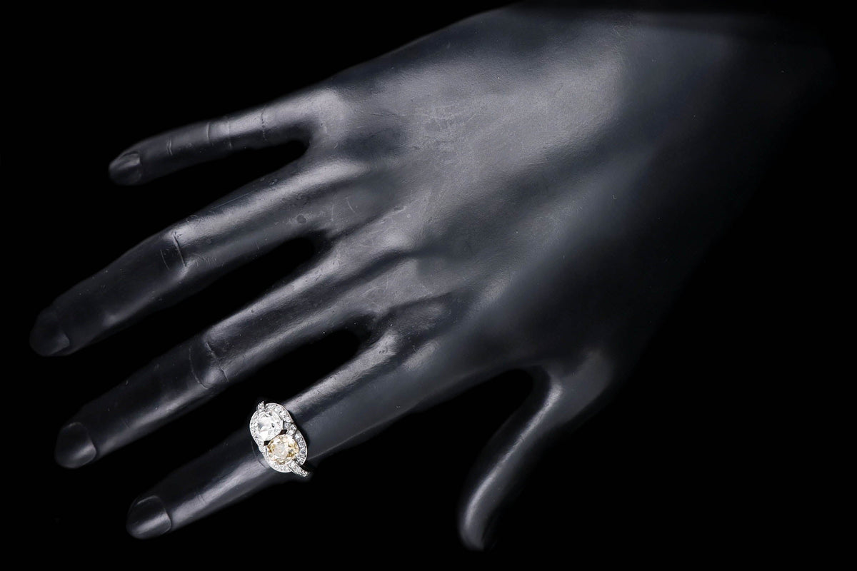 Art Deco Fancy Peach Old Mine Cut Diamond Two Stone Ring in Platinum - Queen May