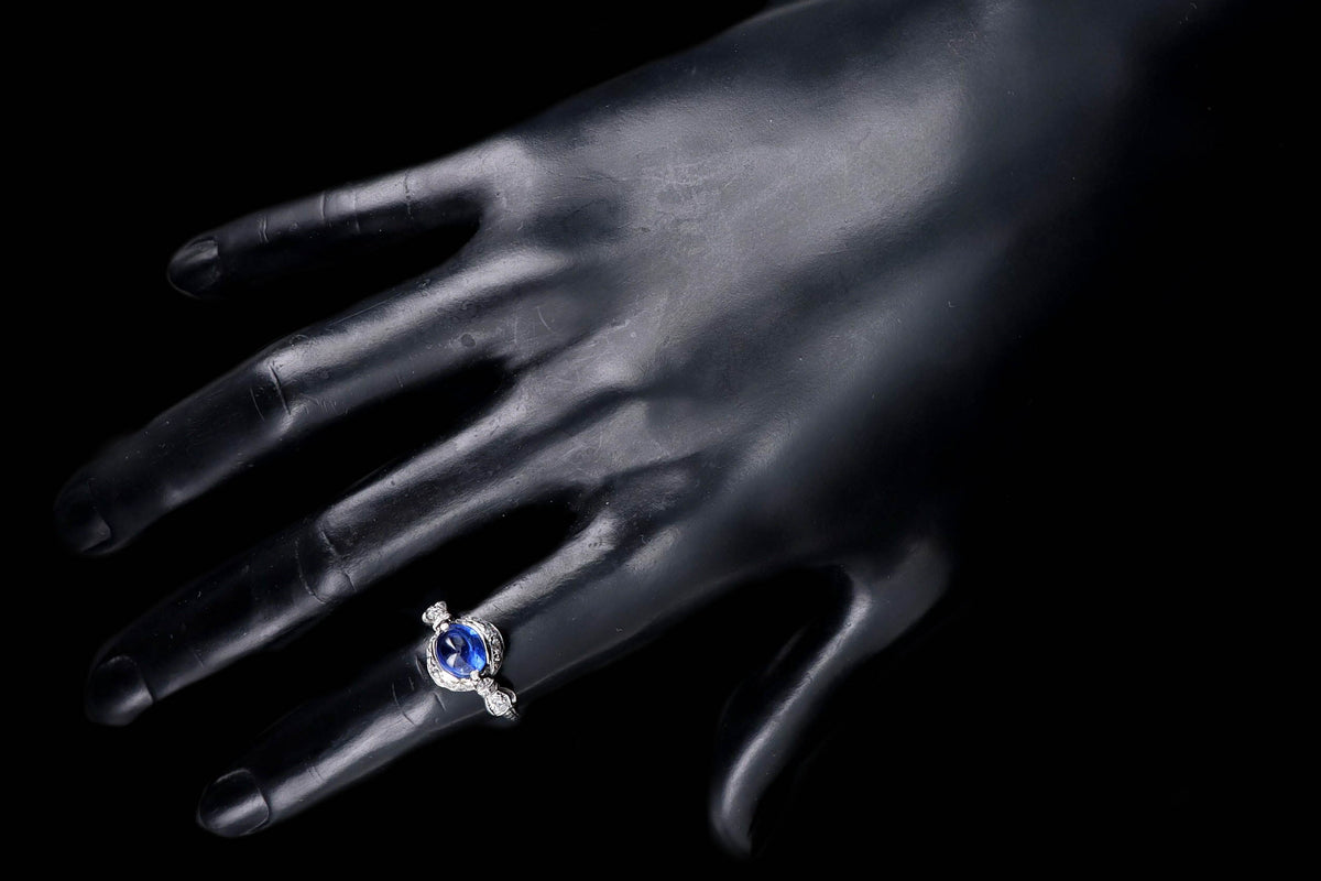 Art Deco 2 Carat Cabochon Natural Sapphire & Old European Diamond Ring in Platinum GIA Certified - Queen May