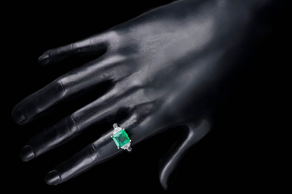 Art Deco 2.85 Carat Natural Colombian Emerald & Half Moon Diamond Ring in Platinum - Queen May