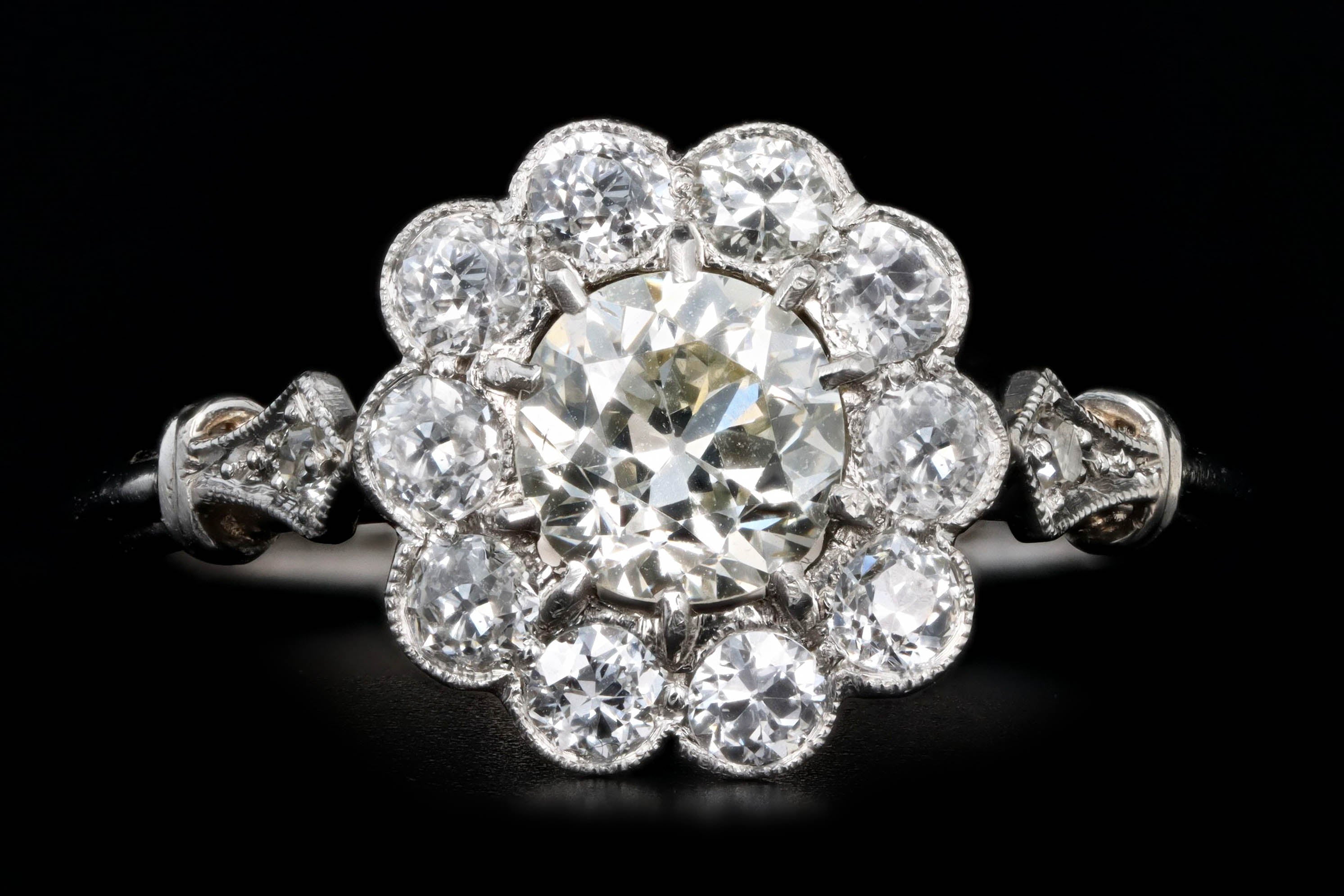 Art Deco Inspired Platinum 0.72 Carat Old European Cut Diamond Halo Cluster Engagement Ring - Queen May