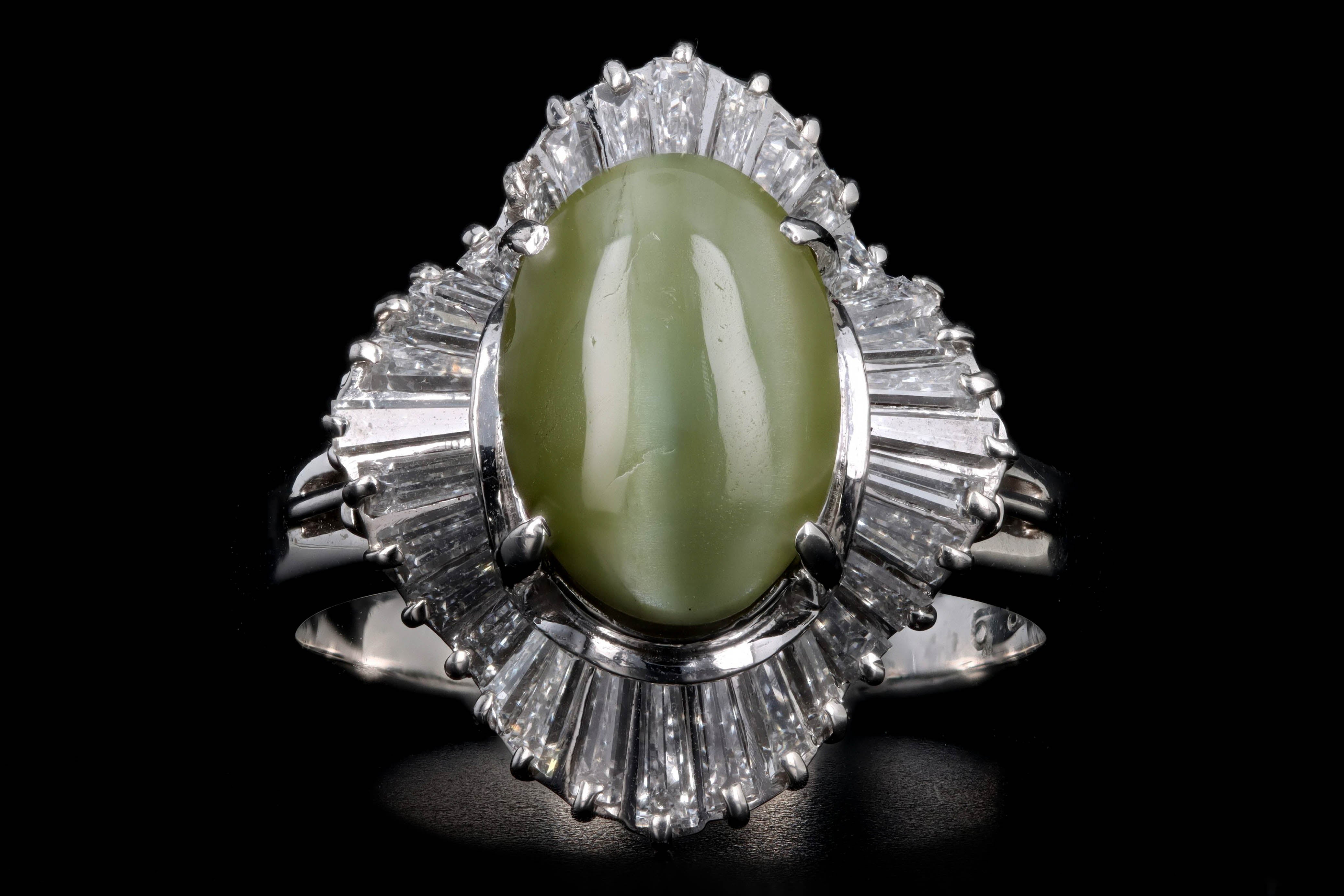 Retro Platinum 3.05 Carat Cat's Eye Chrysoberyl & Baguette Diamond Fan Ring - Queen May