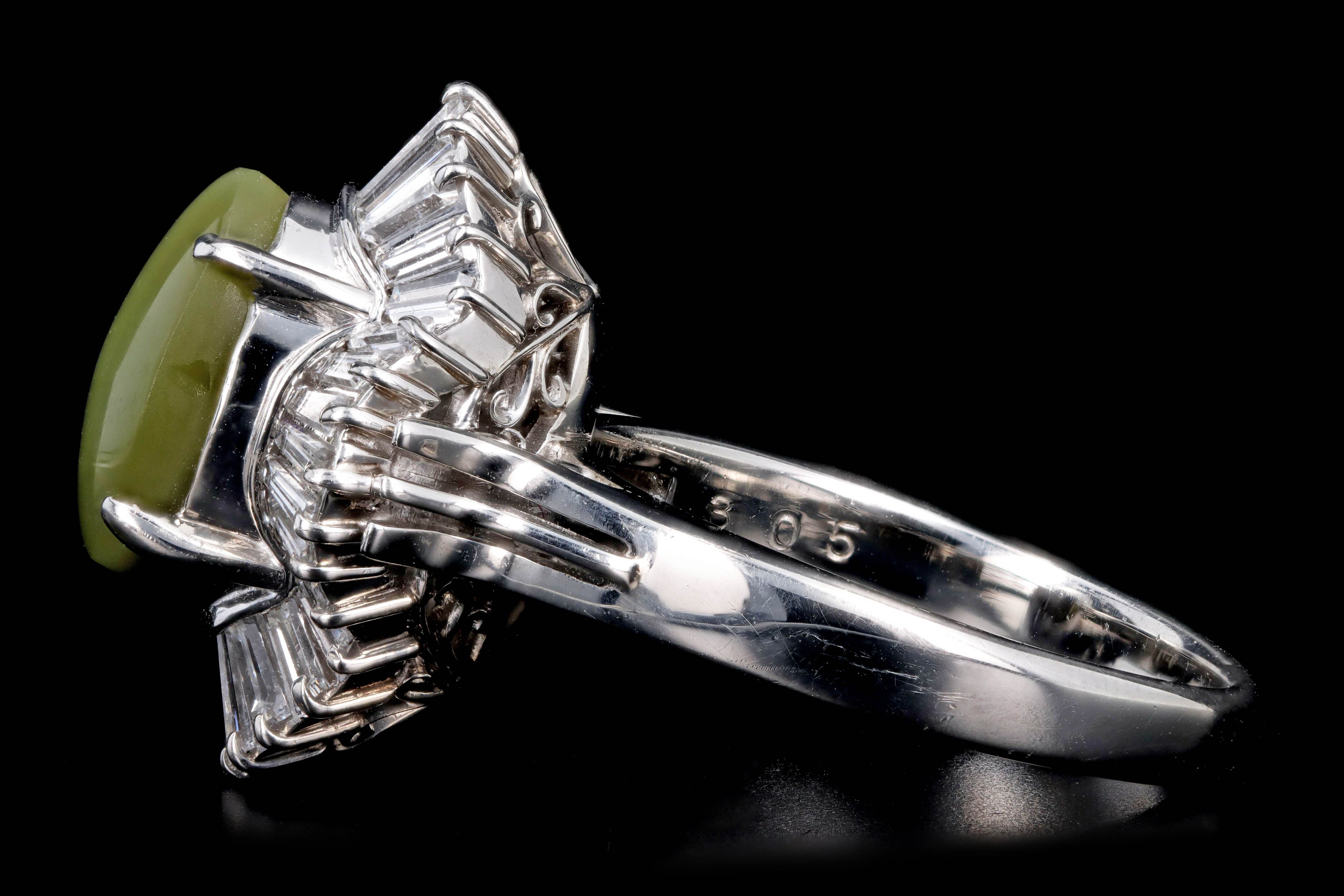 Retro Platinum 3.05 Carat Cat's Eye Chrysoberyl & Baguette Diamond Fan Ring - Queen May