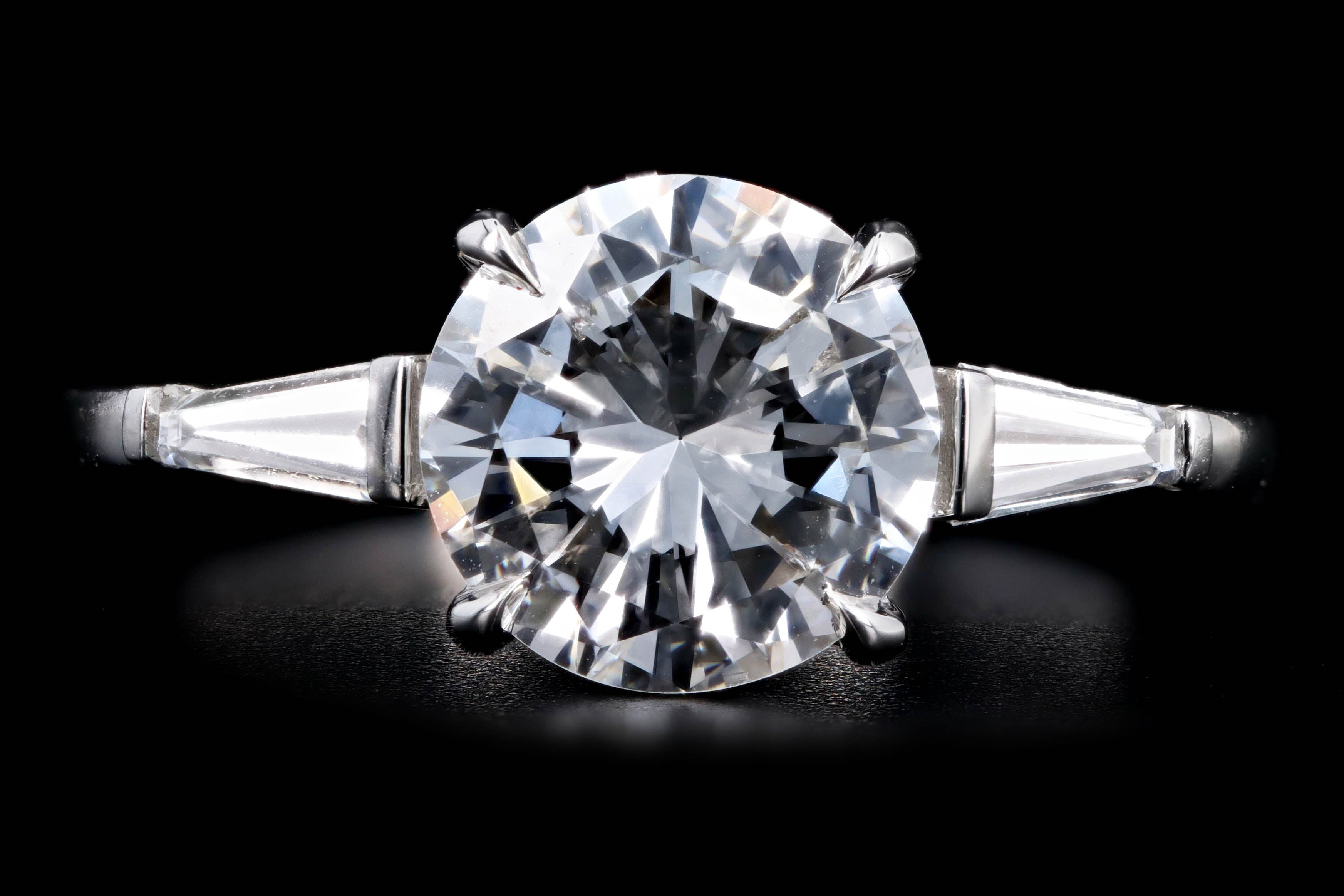 Platinum 2.03 Carat Round Brilliant Cut Diamond Tapered Baguette Engagement Ring - Queen May