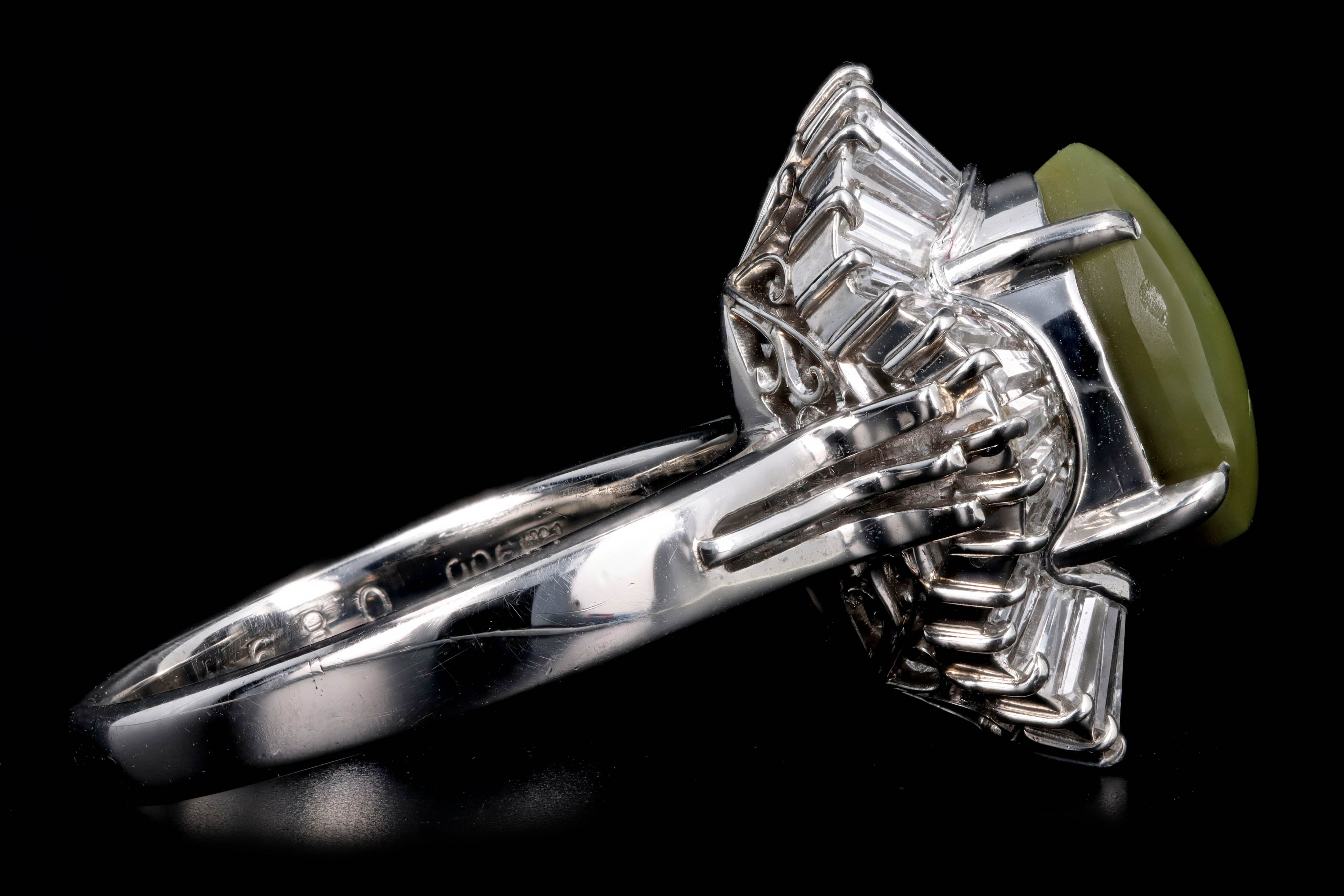 Retro Platinum 3.05 Carat Cat's Eye Chrysoberyl & Baguette Diamond Fan Ring - Queen May