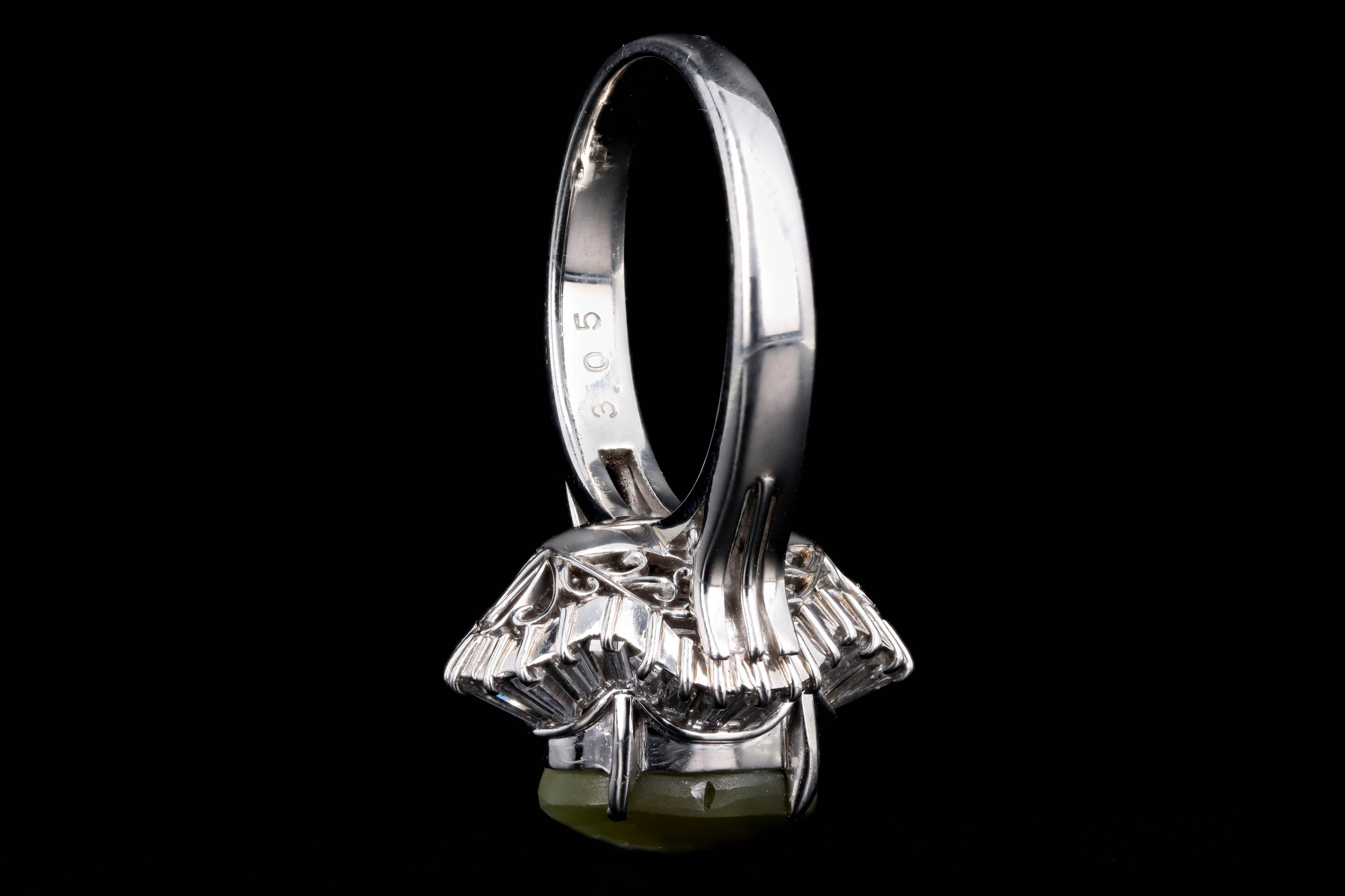 Retro Platinum 3.05 Carat Cat's Eye Chrysoberyl & Baguette Diamond Fan Ring - Queen May