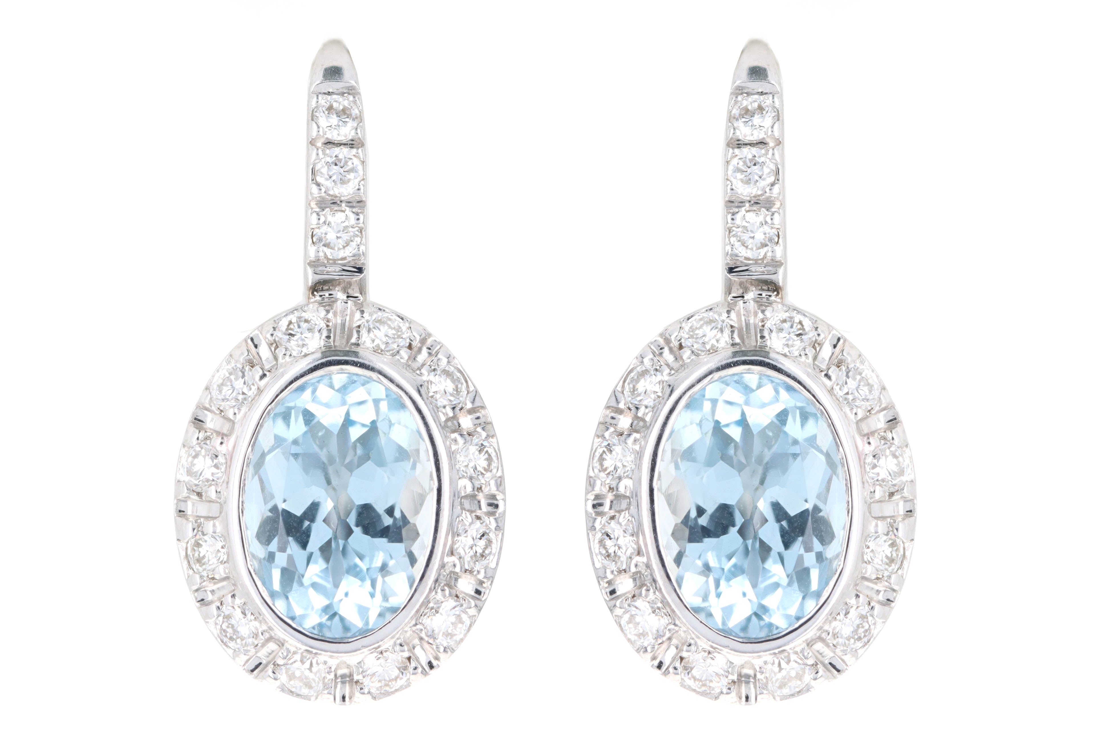 18K White Gold 1.2 Carat Total Weight Oval Aquamarine & Diamond Halo Drop Earrings - Queen May