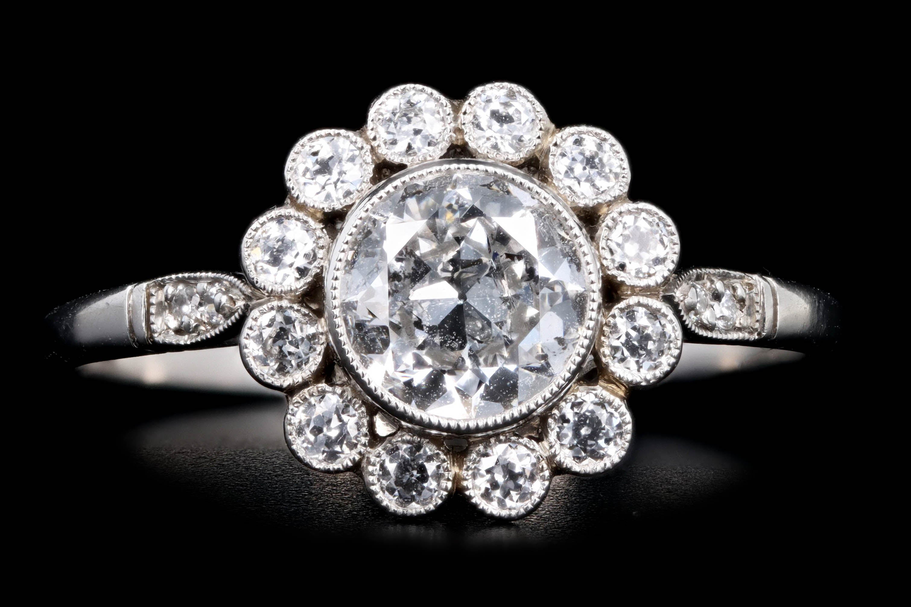Art Deco Inspired Platinum 0.74 Carat Old European Cut Diamond Cluster Halo Engagement Ring - Queen May