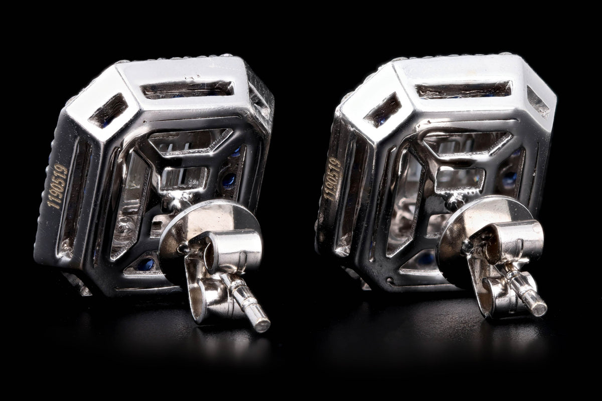 18K White Gold Baguette Cut Diamond & Sapphire Halo Mosaic Earrings - Queen May