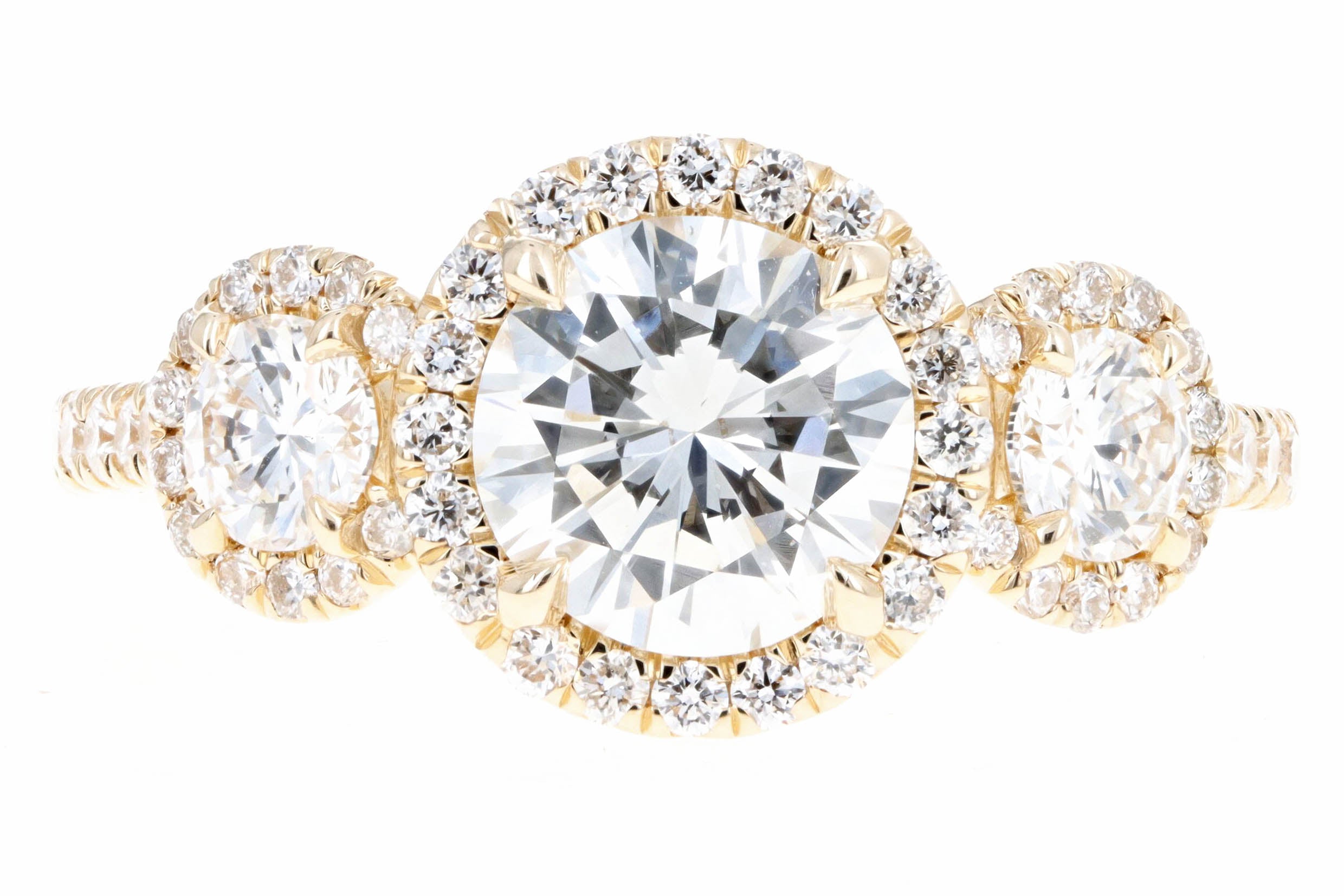 14K Yellow Gold 1.26 Carat Round Brilliant Diamond Three Stone Halo Engagement Ring GIA Certified - Queen May