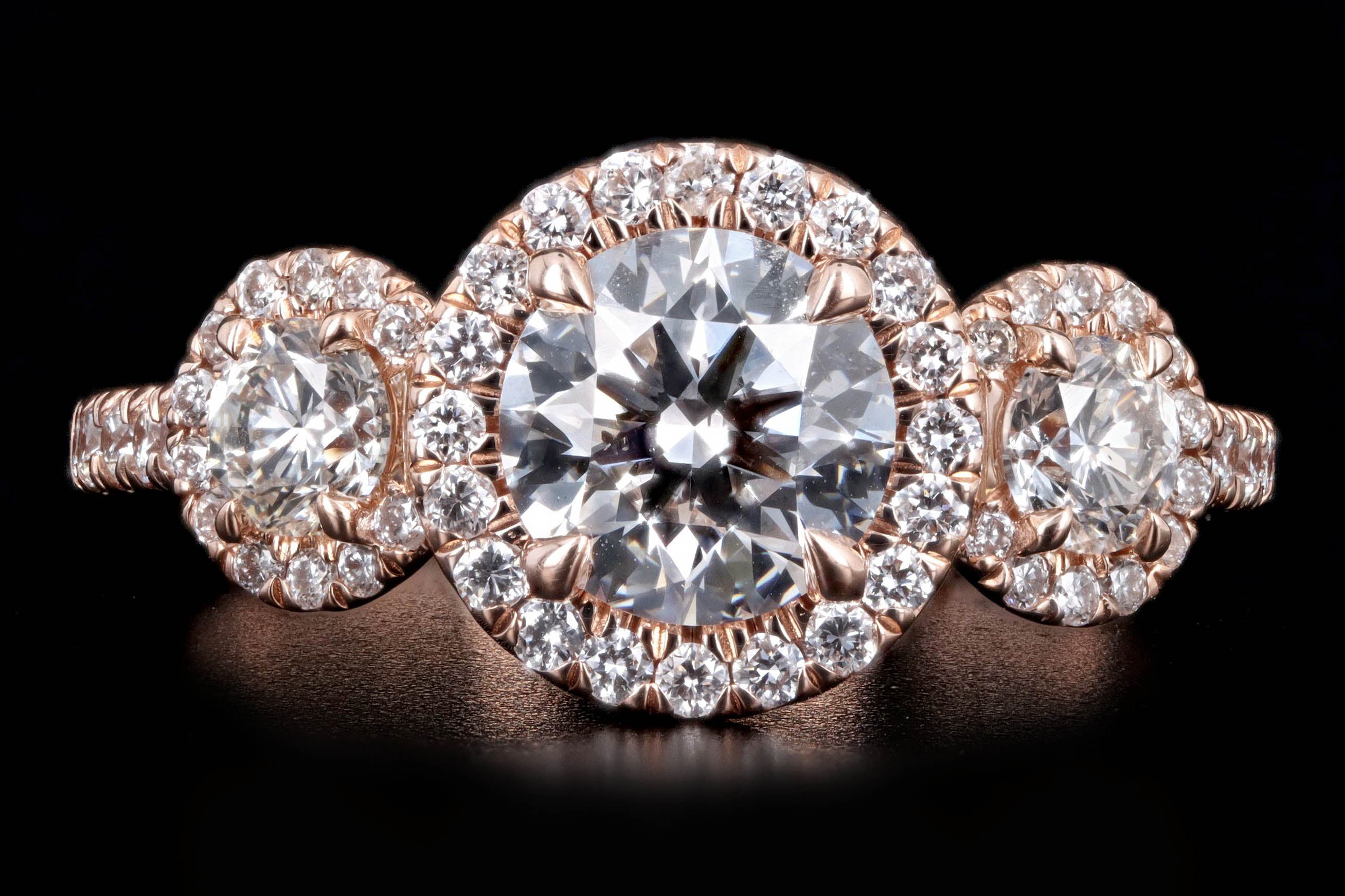 14K Rose Gold 1.05 Carat Round Brilliant Diamond Three Stone Halo Engagement Ring - Queen May