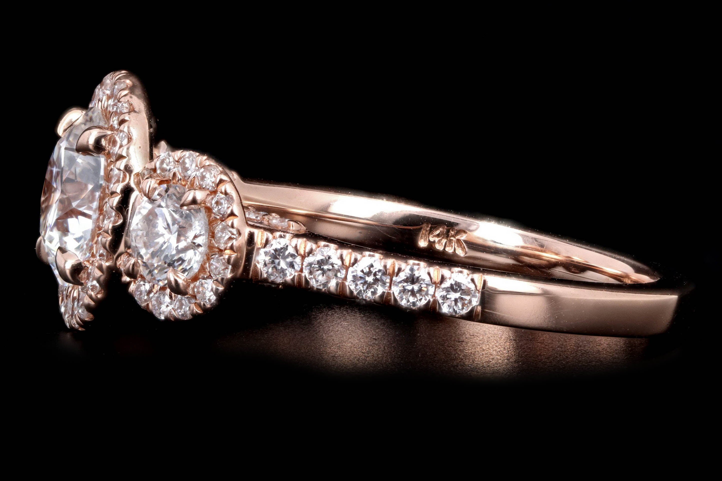 14K Rose Gold 1.05 Carat Round Brilliant Diamond Three Stone Halo Engagement Ring - Queen May