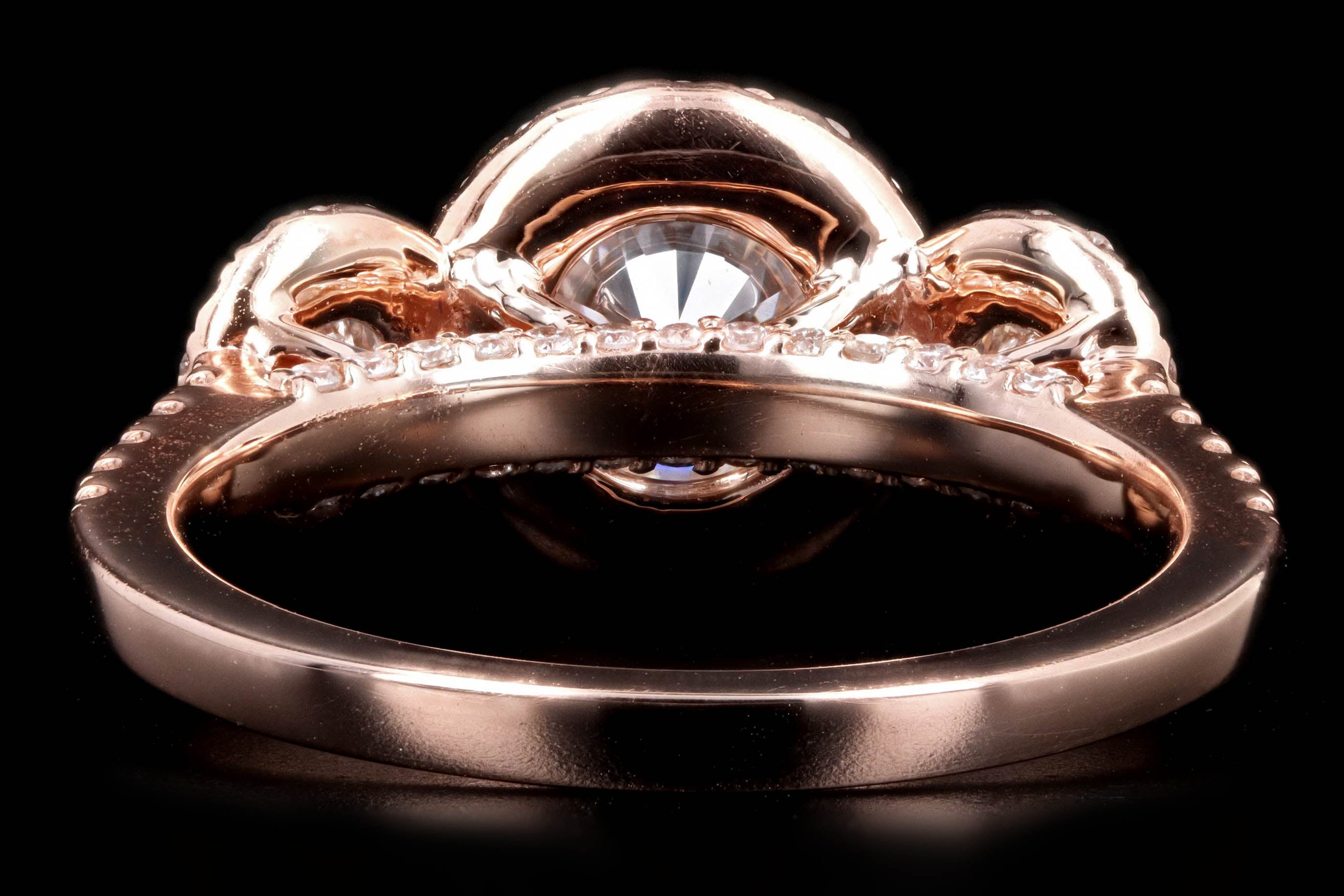 14K Rose Gold 1.05 Carat Round Brilliant Diamond Three Stone Halo Engagement Ring - Queen May