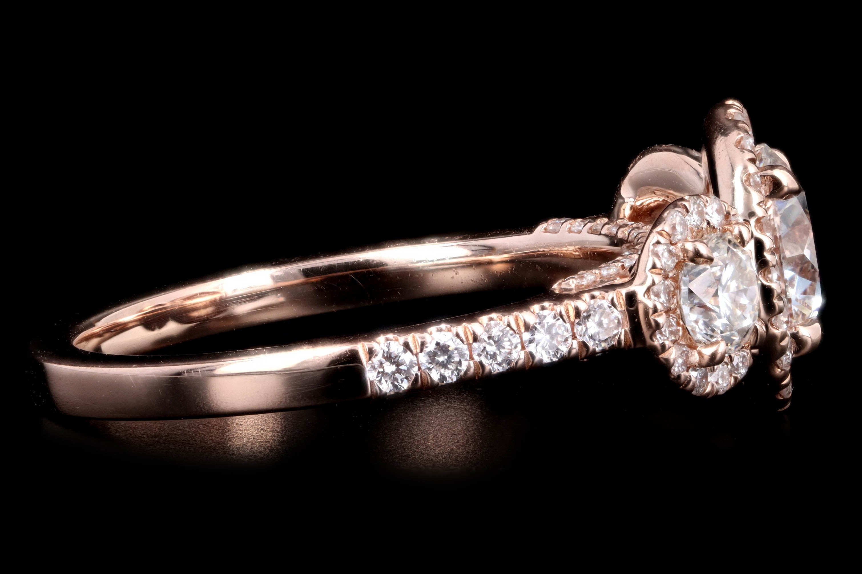 14K Rose Gold 1.05 Carat Round Brilliant Diamond Three Stone Halo Engagement Ring - Queen May