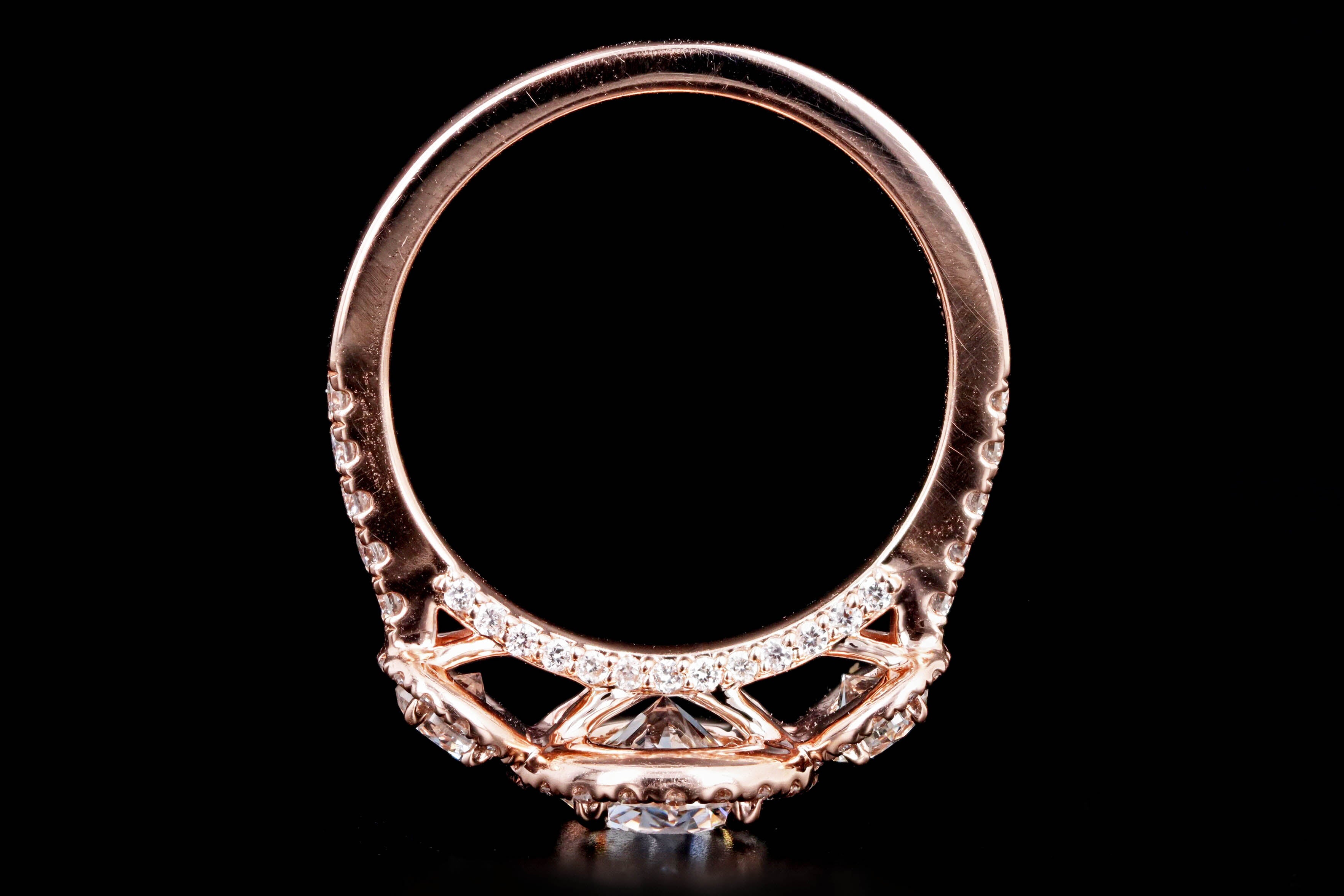 14K Rose Gold 1.05 Carat Round Brilliant Diamond Three Stone Halo Engagement Ring - Queen May