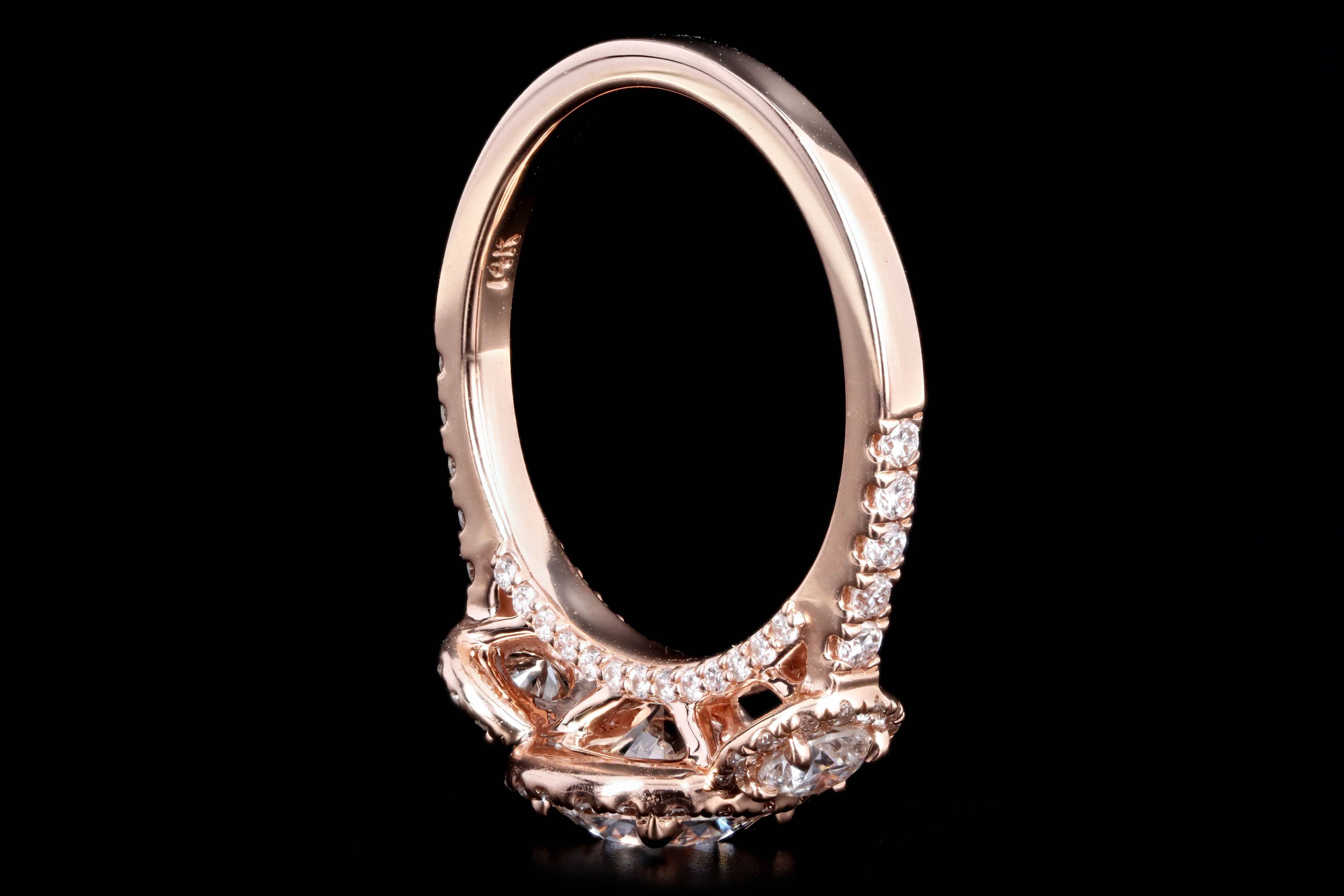 14K Rose Gold 1.05 Carat Round Brilliant Diamond Three Stone Halo Engagement Ring - Queen May