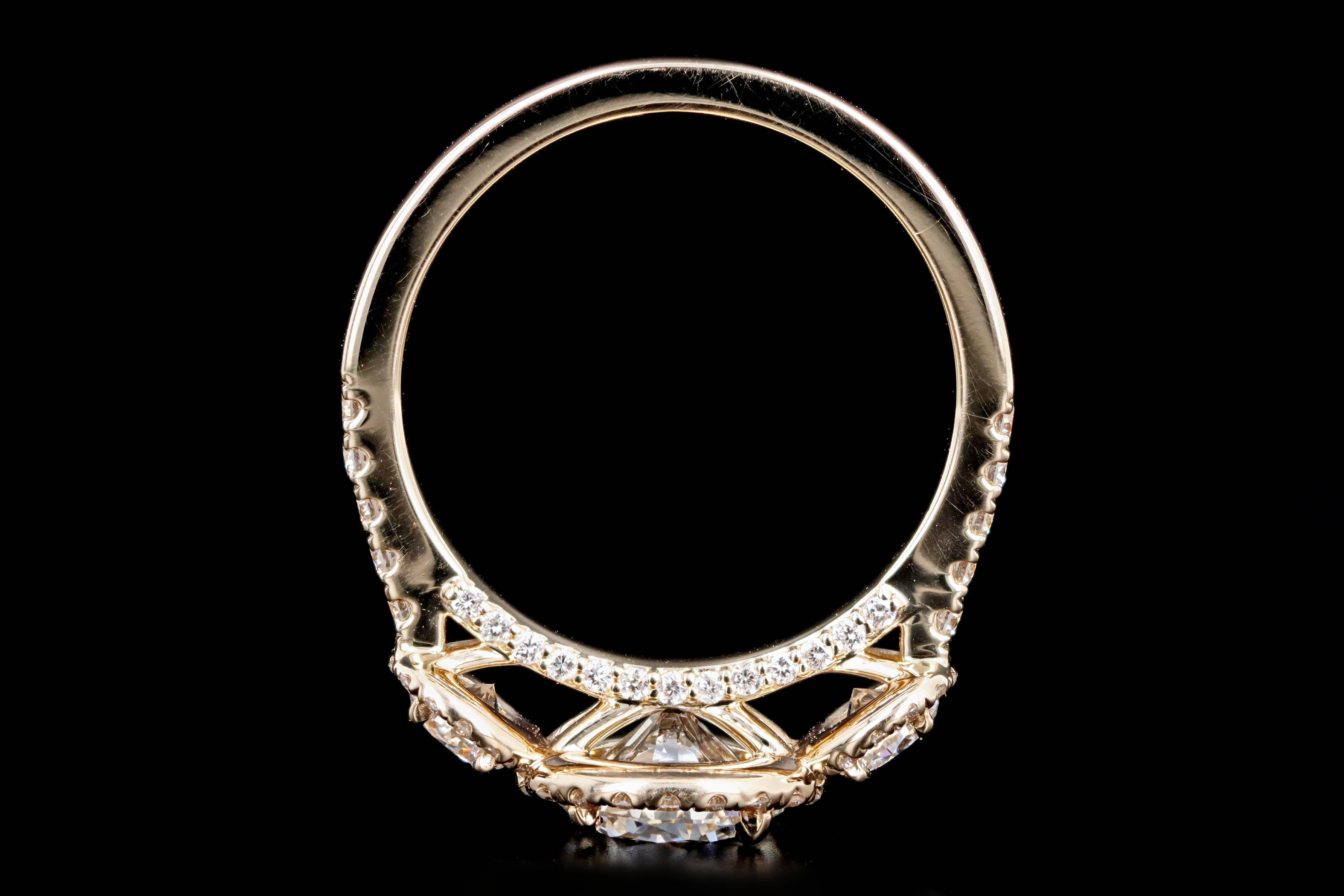 14K Yellow Gold 1.26 Carat Round Brilliant Diamond Three Stone Halo Engagement Ring GIA Certified - Queen May