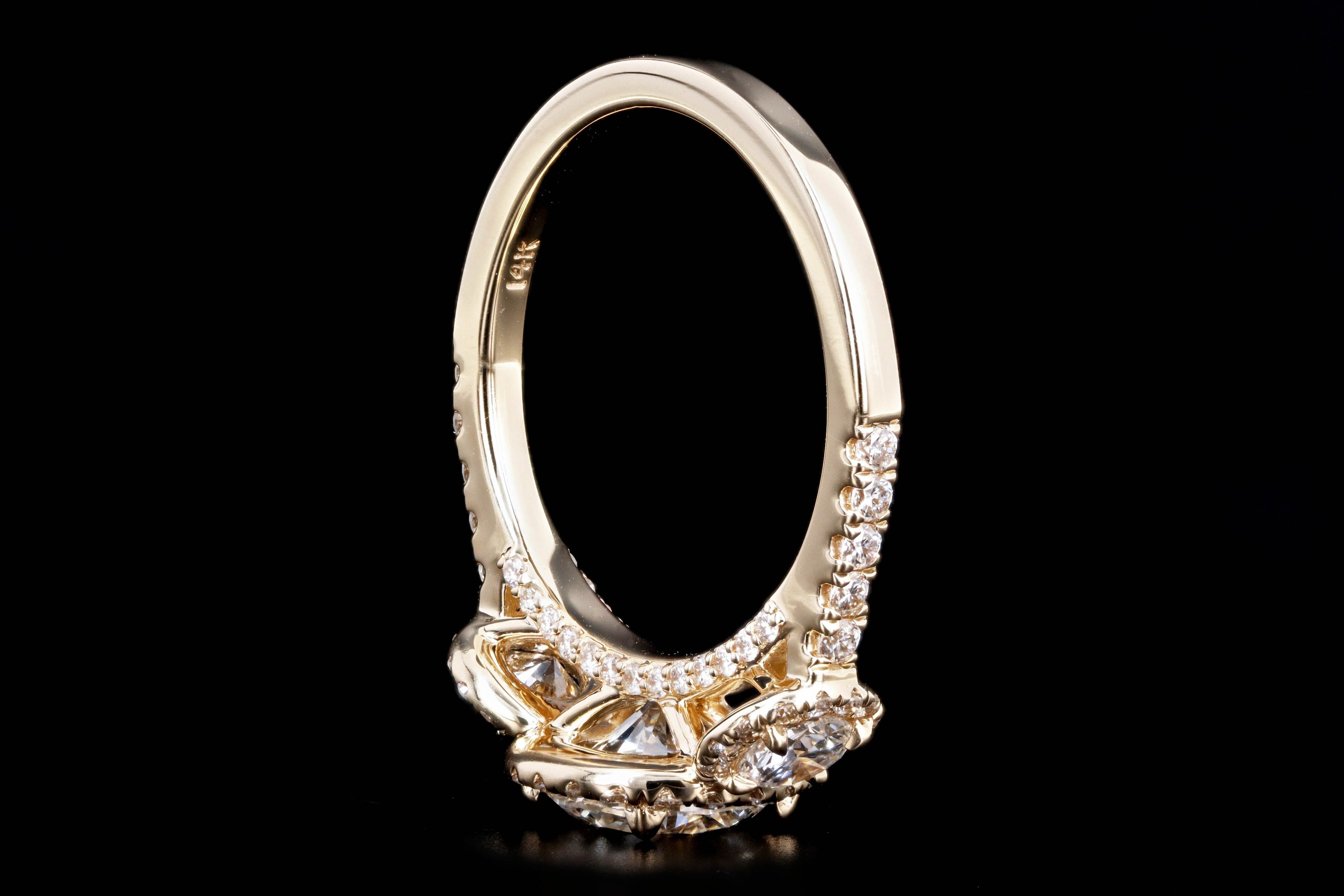 14K Yellow Gold 1.26 Carat Round Brilliant Diamond Three Stone Halo Engagement Ring GIA Certified - Queen May
