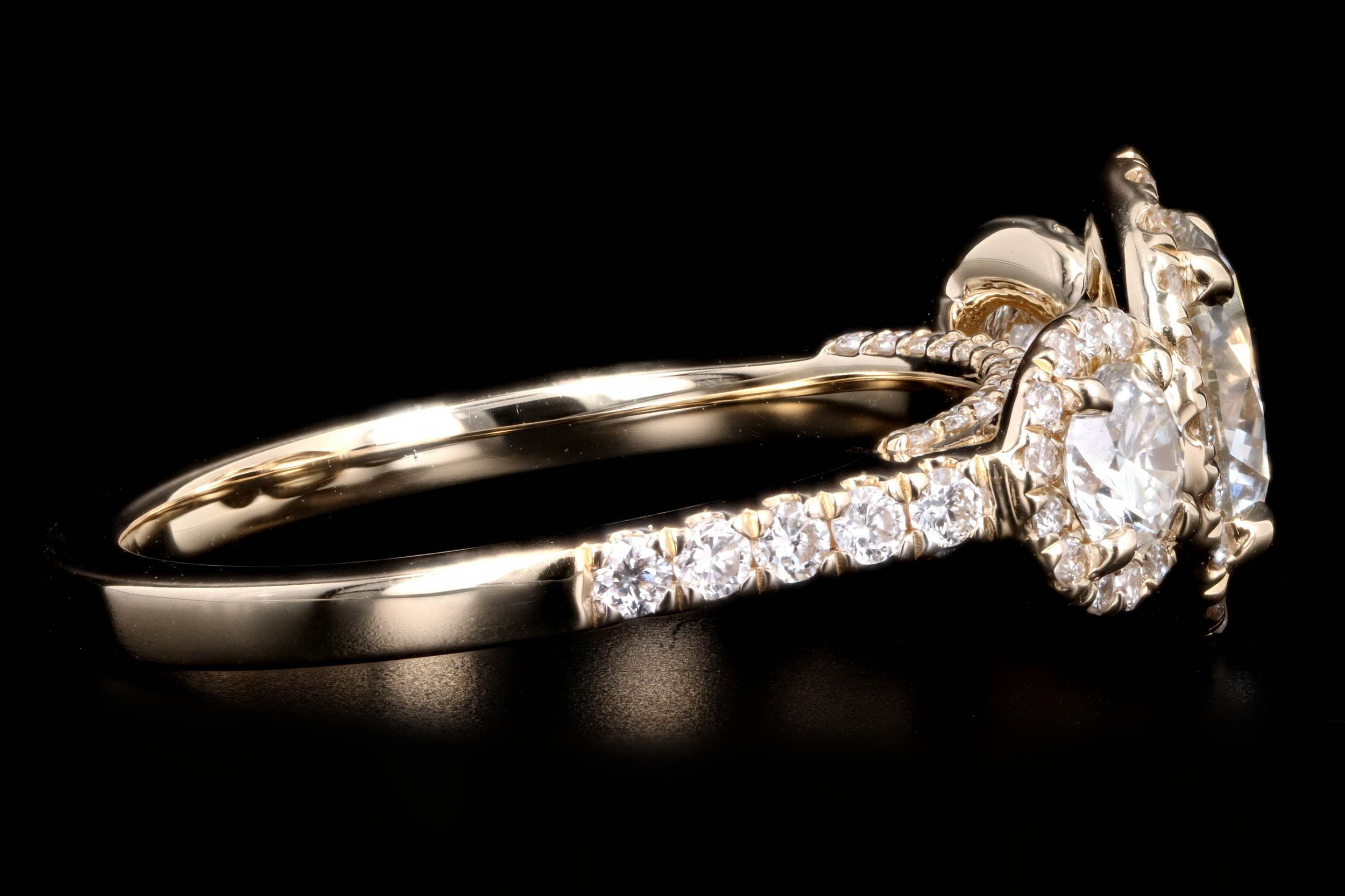 14K Yellow Gold 1.26 Carat Round Brilliant Diamond Three Stone Halo Engagement Ring GIA Certified - Queen May