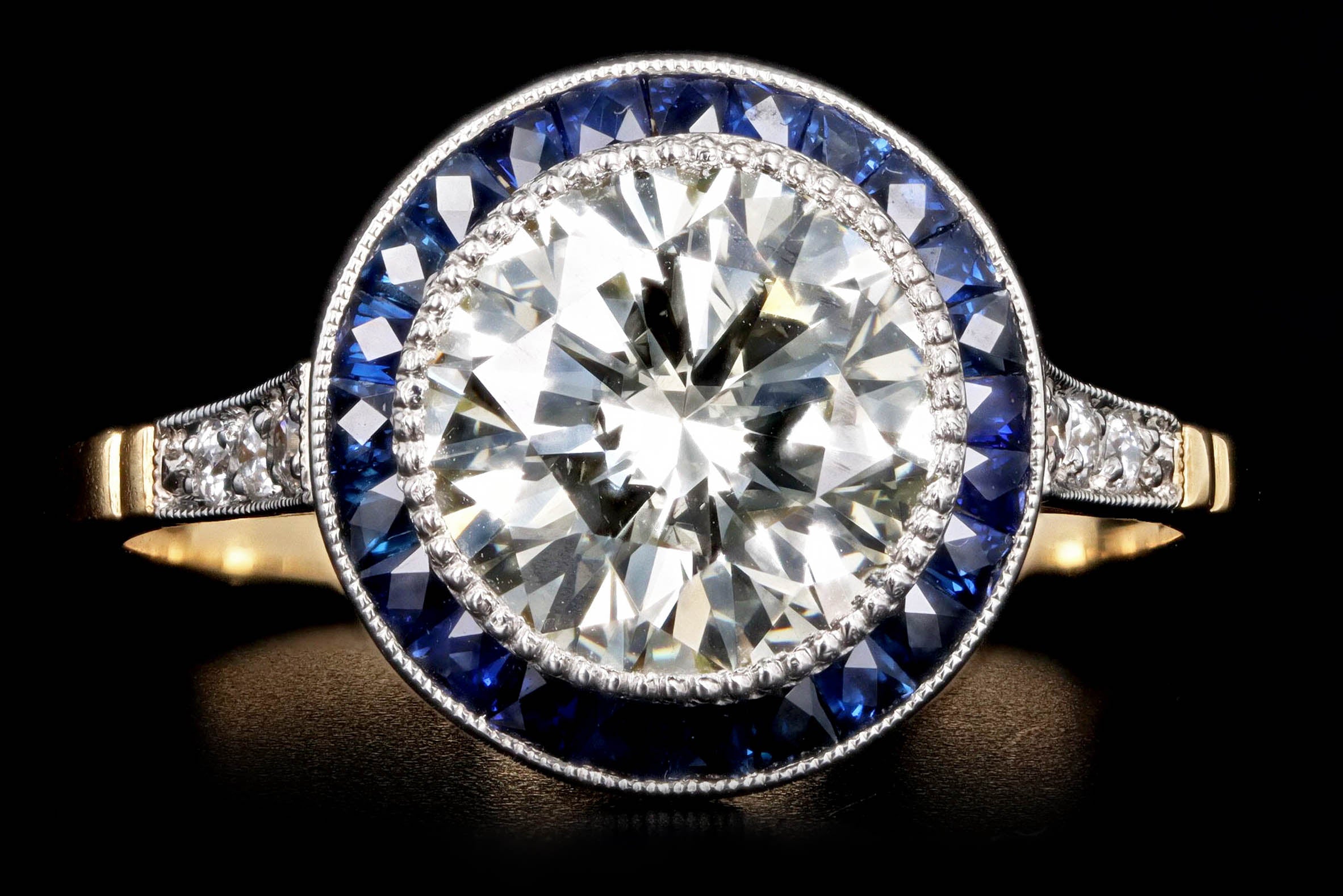 Art Deco Inspired 18K Yellow Gold Platinum 2.12 Carat Round Brilliant Diamond Natural Sapphire Halo Engagement Ring - Queen May