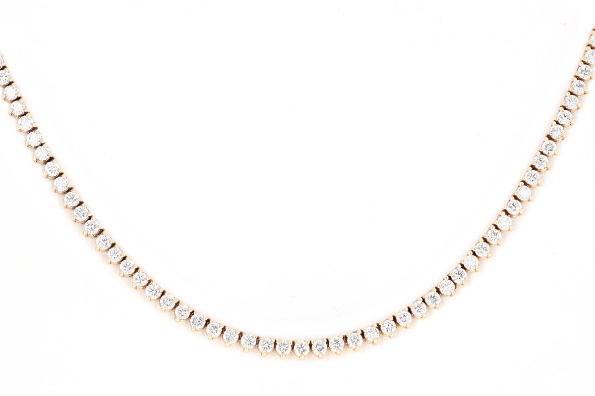14K Yellow Gold 12 Carat Total Weight Round Brilliant Diamond Three Prong Riviera Necklace - Queen May