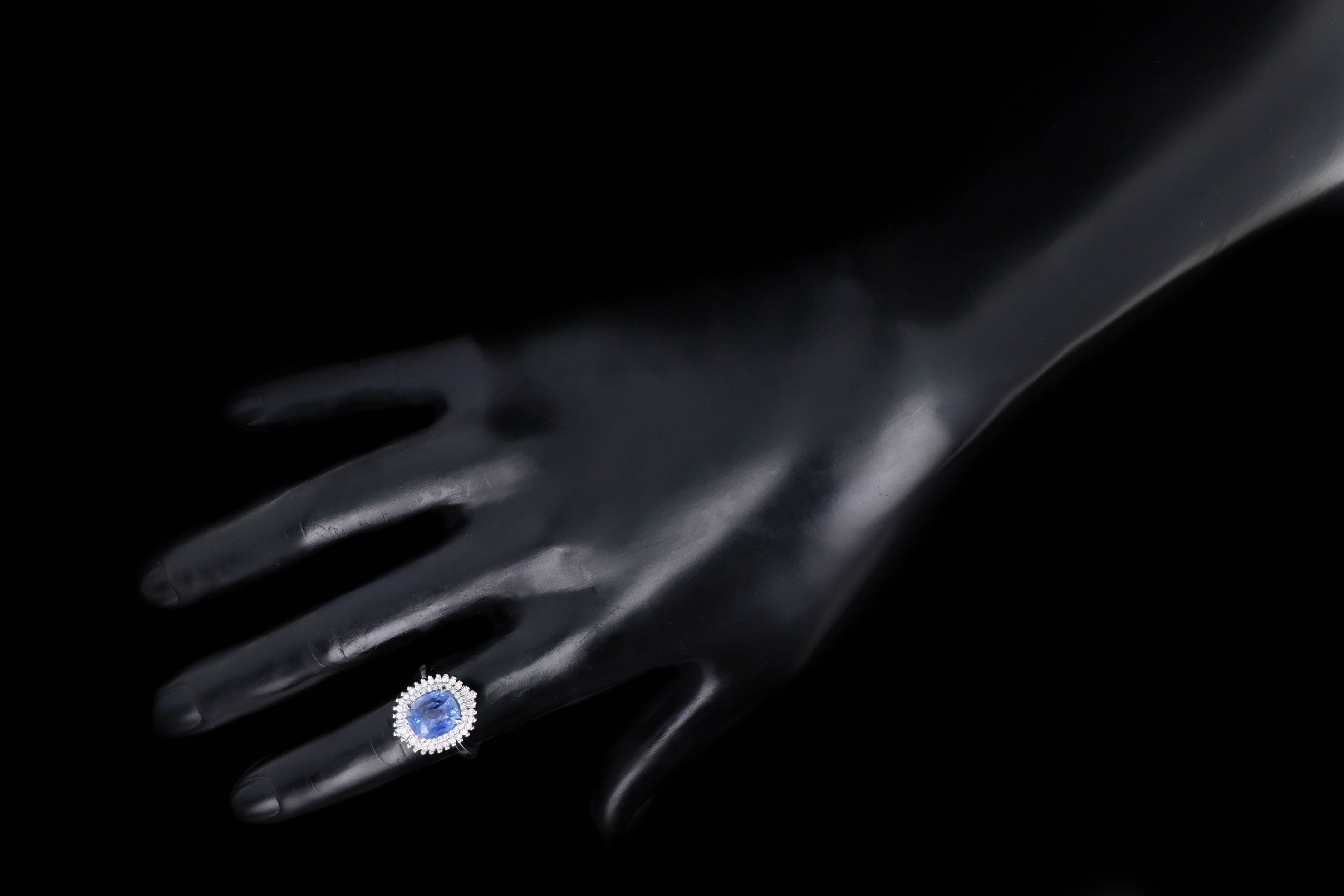 Platinum 5.12 Carat Cushion Cut Natural No Heat Sapphire & Diamond Baguette Fan Ring GIA Certified - Queen May