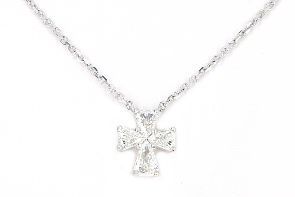 18K White Gold 0.92 Carat Total Weight Modified Trillion Diamond Cross Pendant Necklace - Queen May