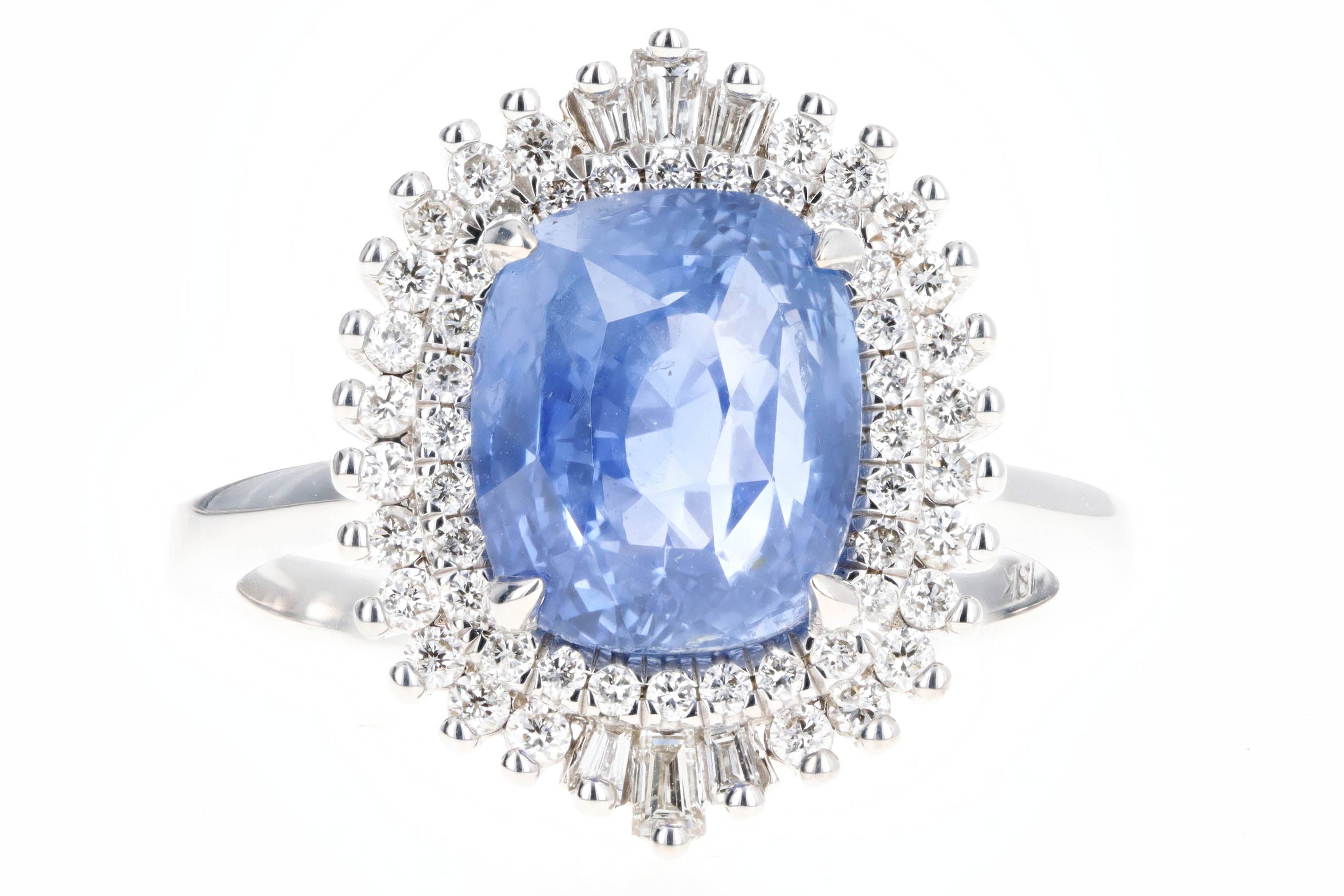 Platinum 5.12 Carat Cushion Cut Natural No Heat Sapphire & Diamond Baguette Fan Ring GIA Certified - Queen May