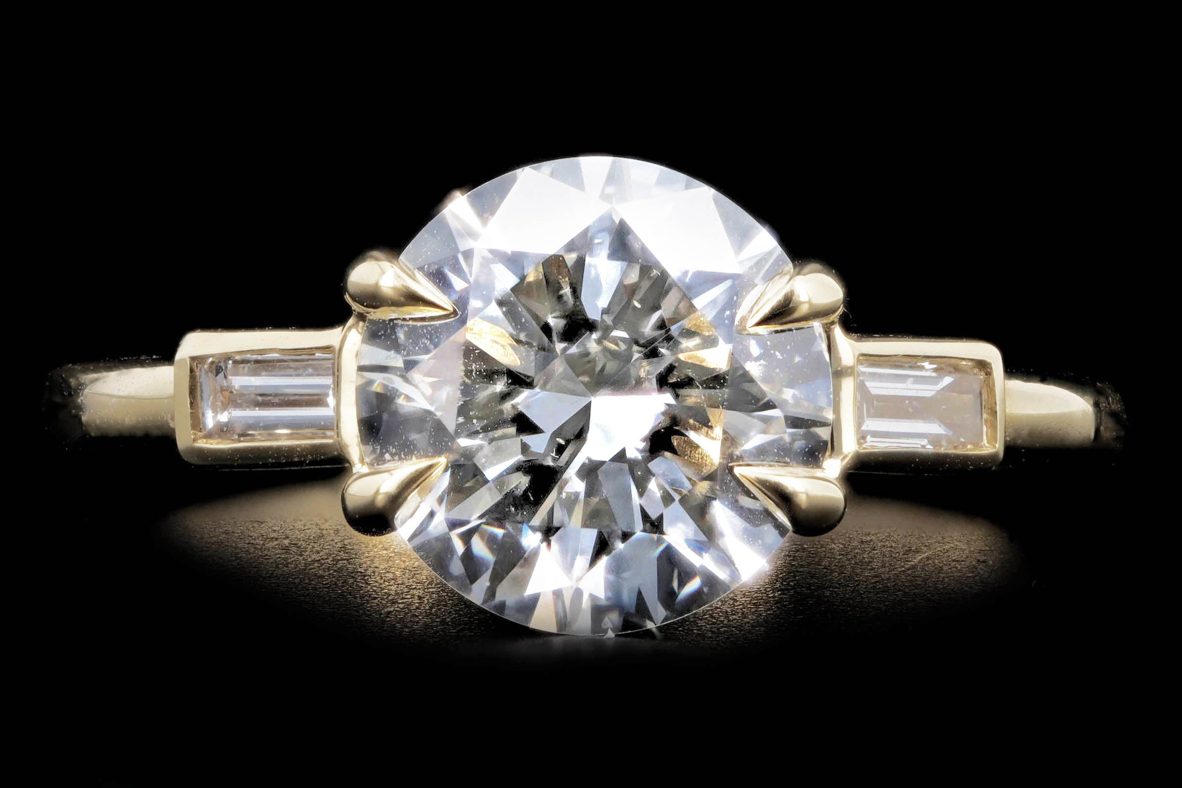18K Yellow Gold 2.31 Carat Round Brilliant Diamond Three Stone Baguette Engagement Ring - Queen May