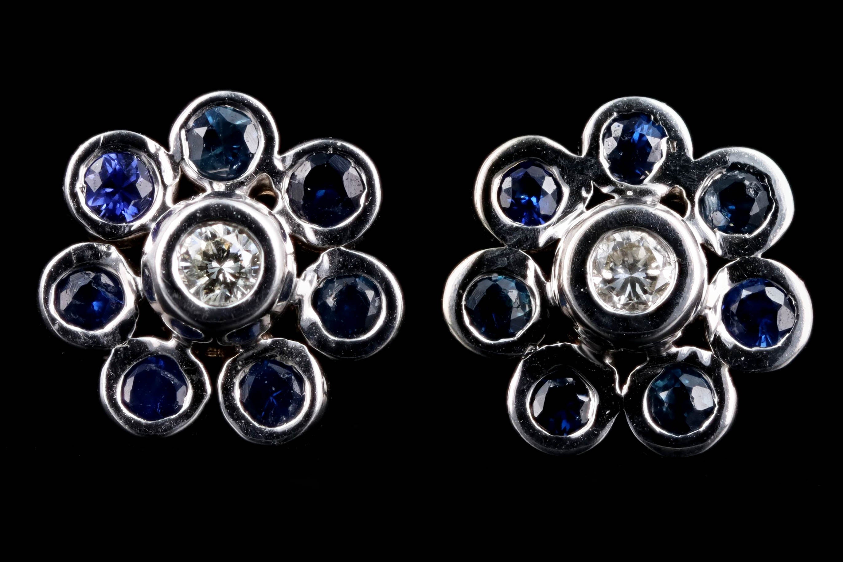 14K White Gold Diamond & Natural Sapphire Flower Cluster Stud Earrings - Queen May