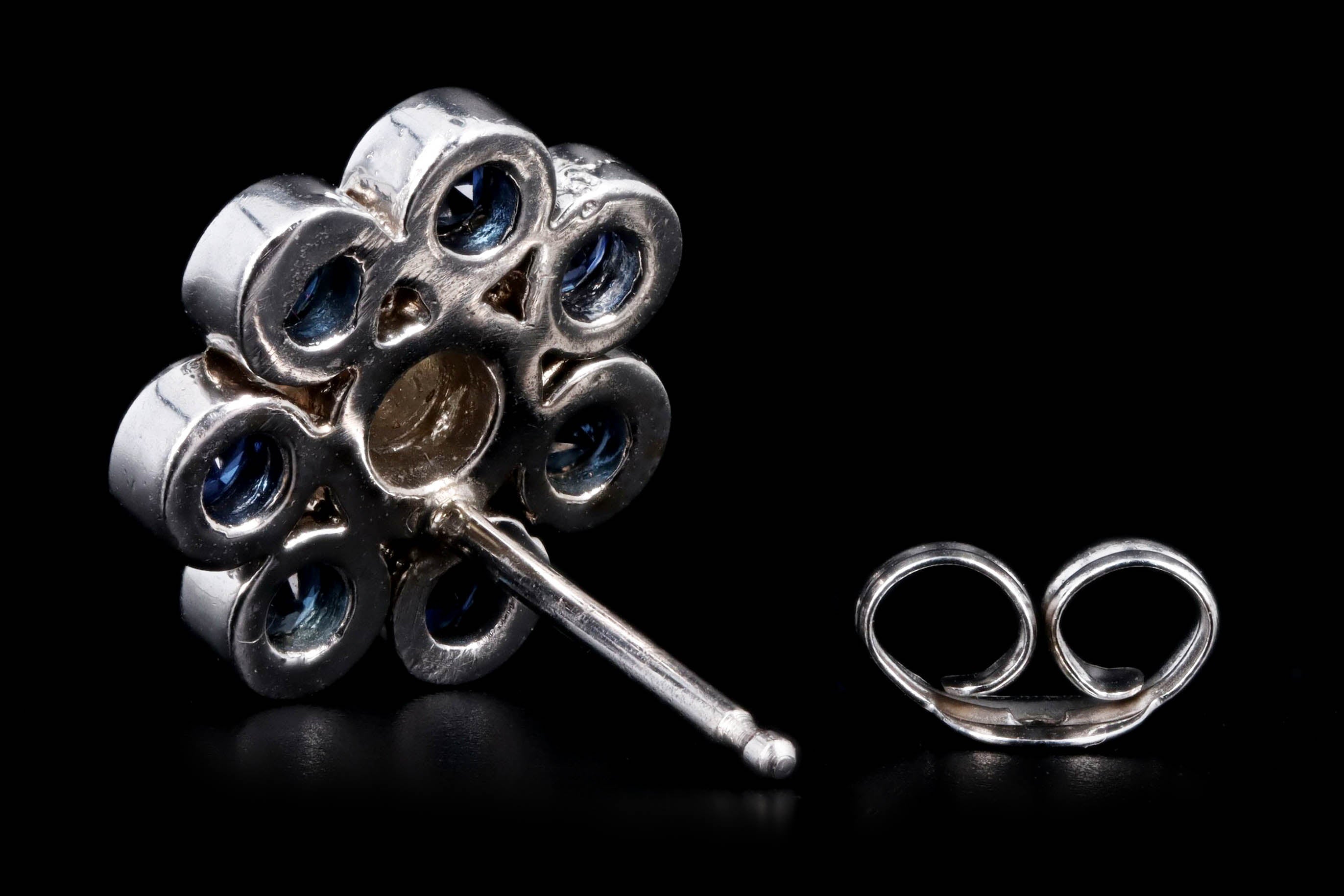 14K White Gold Diamond & Natural Sapphire Flower Cluster Stud Earrings - Queen May