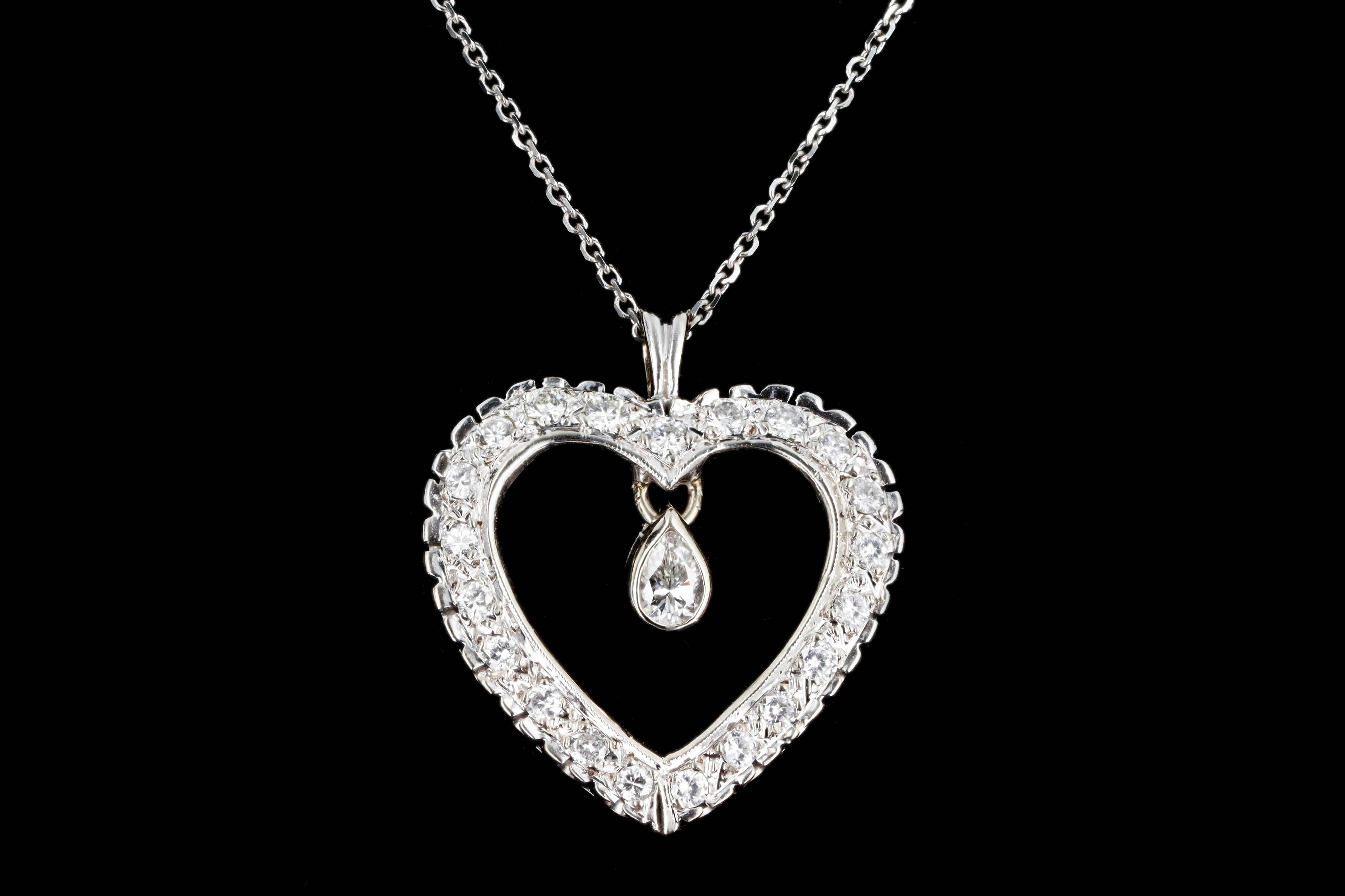 14K White Gold .15 Carat Pear Cut Diamond Heart Pendant Necklace - Queen May