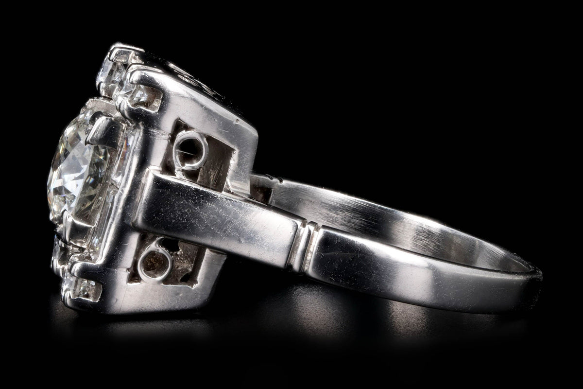 Art Deco Platinum 1 Carat Old European Cut Diamond Baguette Halo Ring - Queen May