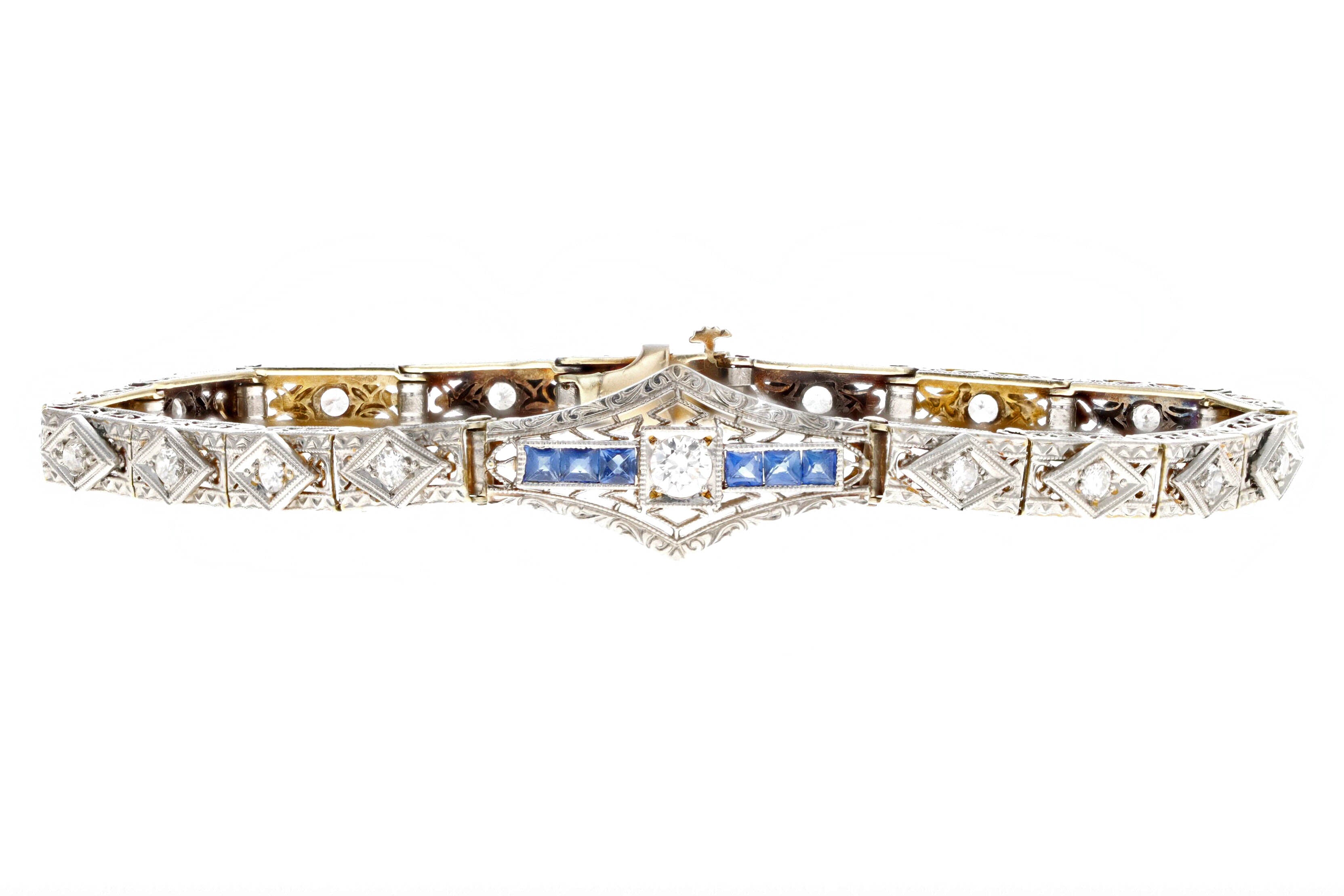 Art Deco 18K & Platinum Old European Cut Diamond & Natural Sapphire Filigree Bracelet - Queen May