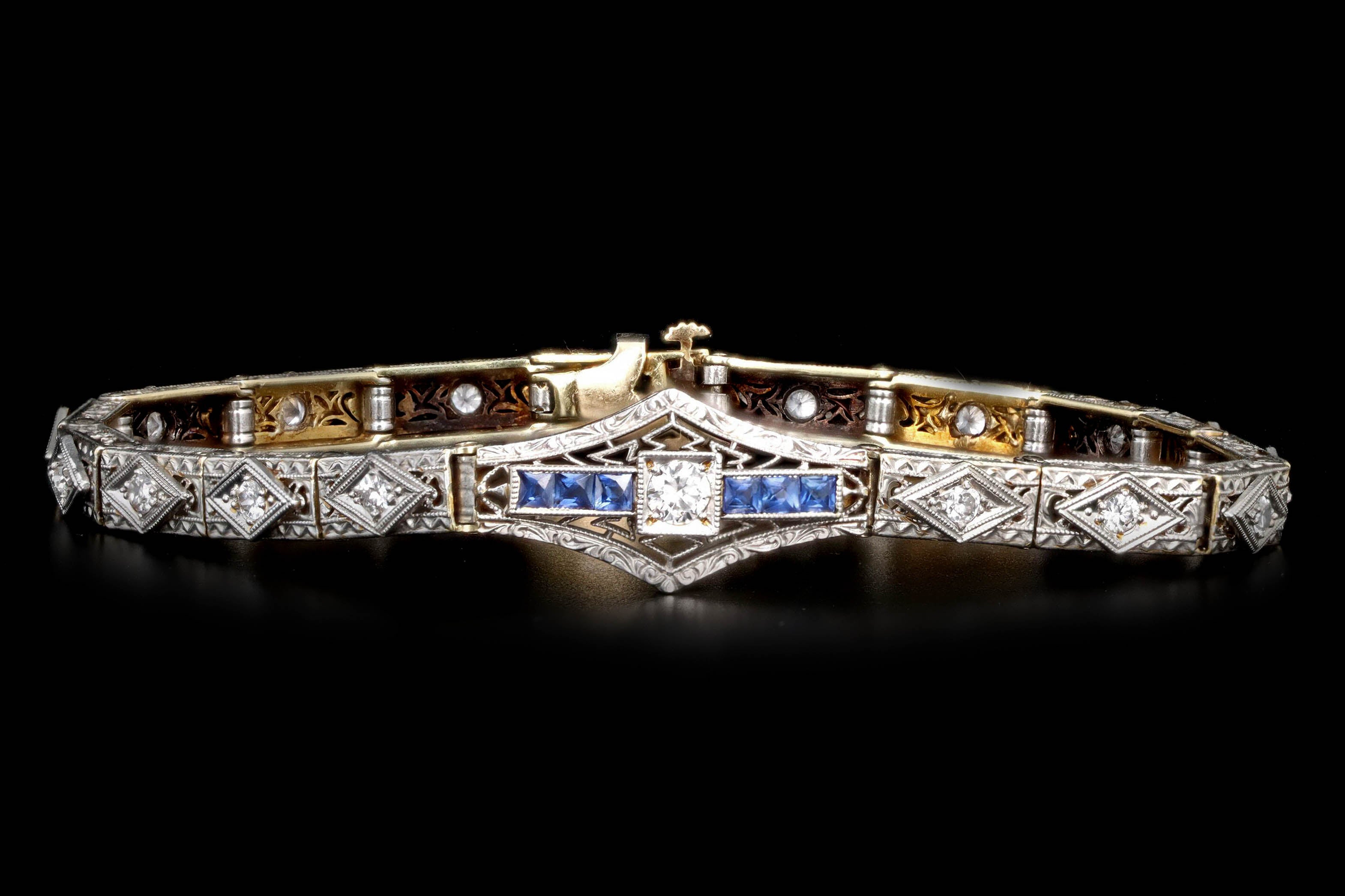 Art Deco 18K & Platinum Old European Cut Diamond & Natural Sapphire Filigree Bracelet - Queen May