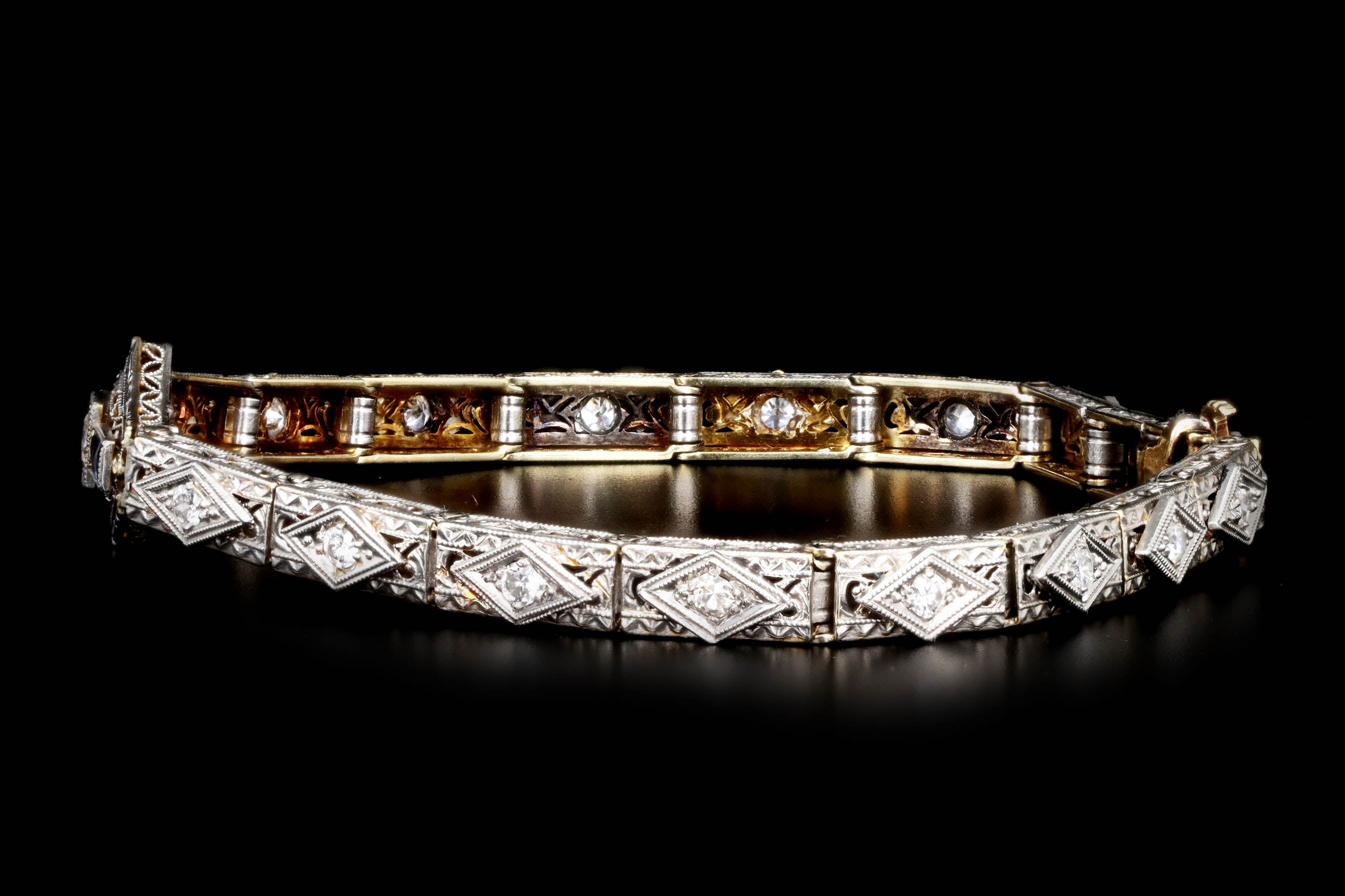 Art Deco 18K & Platinum Old European Cut Diamond & Natural Sapphire Filigree Bracelet - Queen May