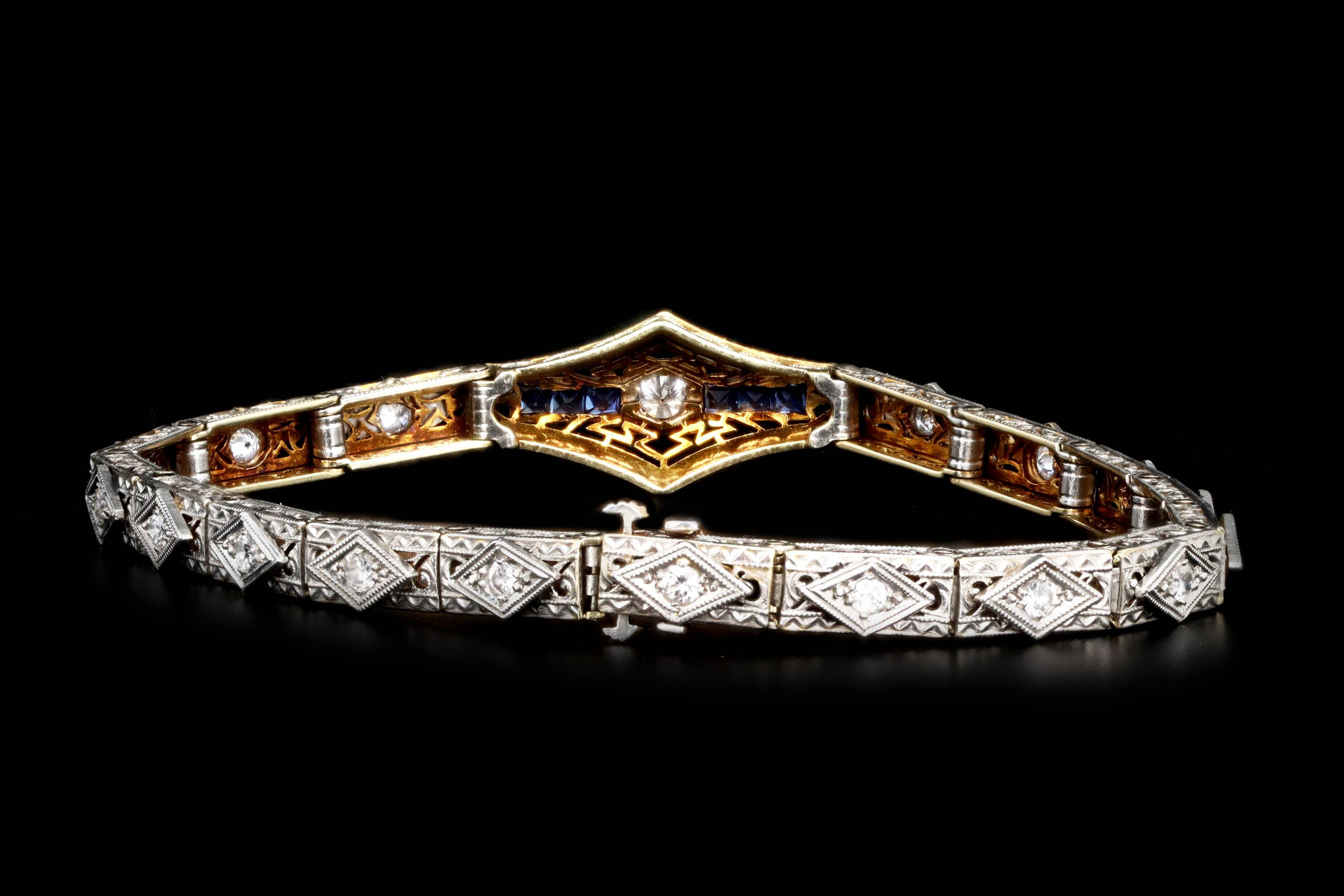 Art Deco 18K & Platinum Old European Cut Diamond & Natural Sapphire Filigree Bracelet - Queen May