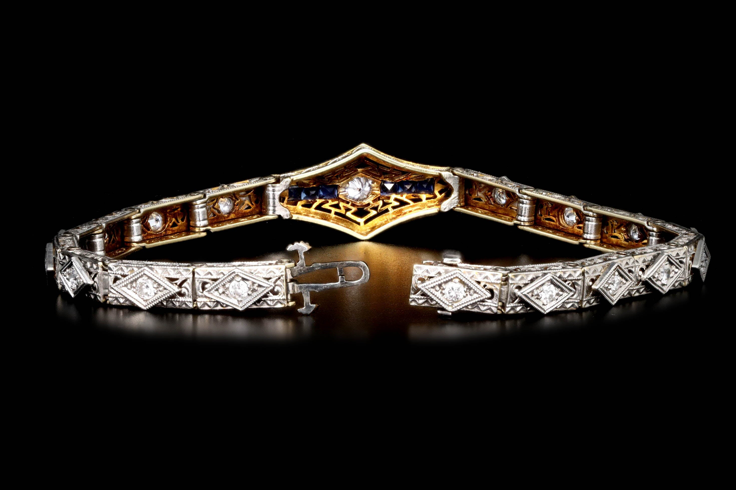 Art Deco 18K & Platinum Old European Cut Diamond & Natural Sapphire Filigree Bracelet - Queen May