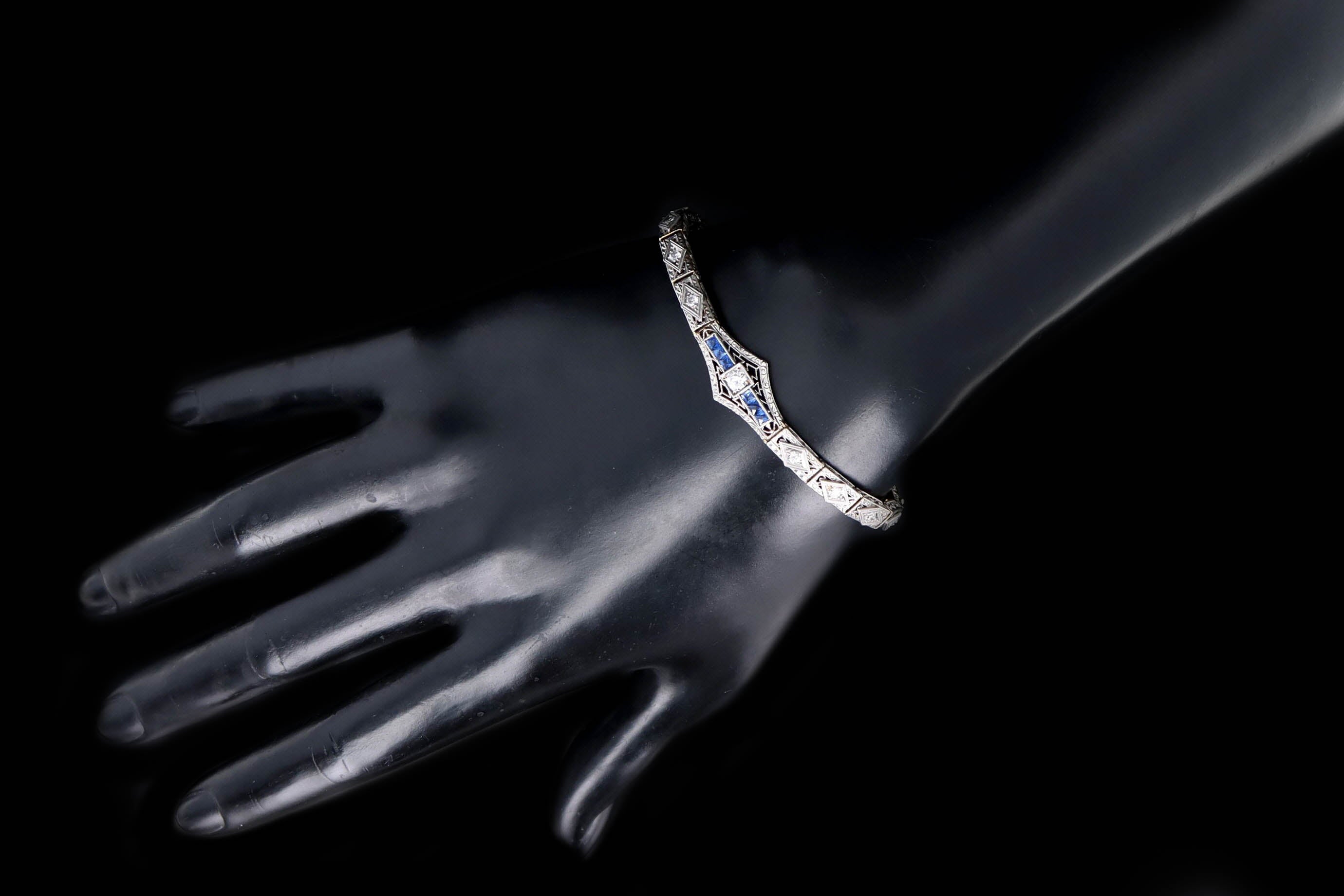 Art Deco 18K & Platinum Old European Cut Diamond & Natural Sapphire Filigree Bracelet - Queen May