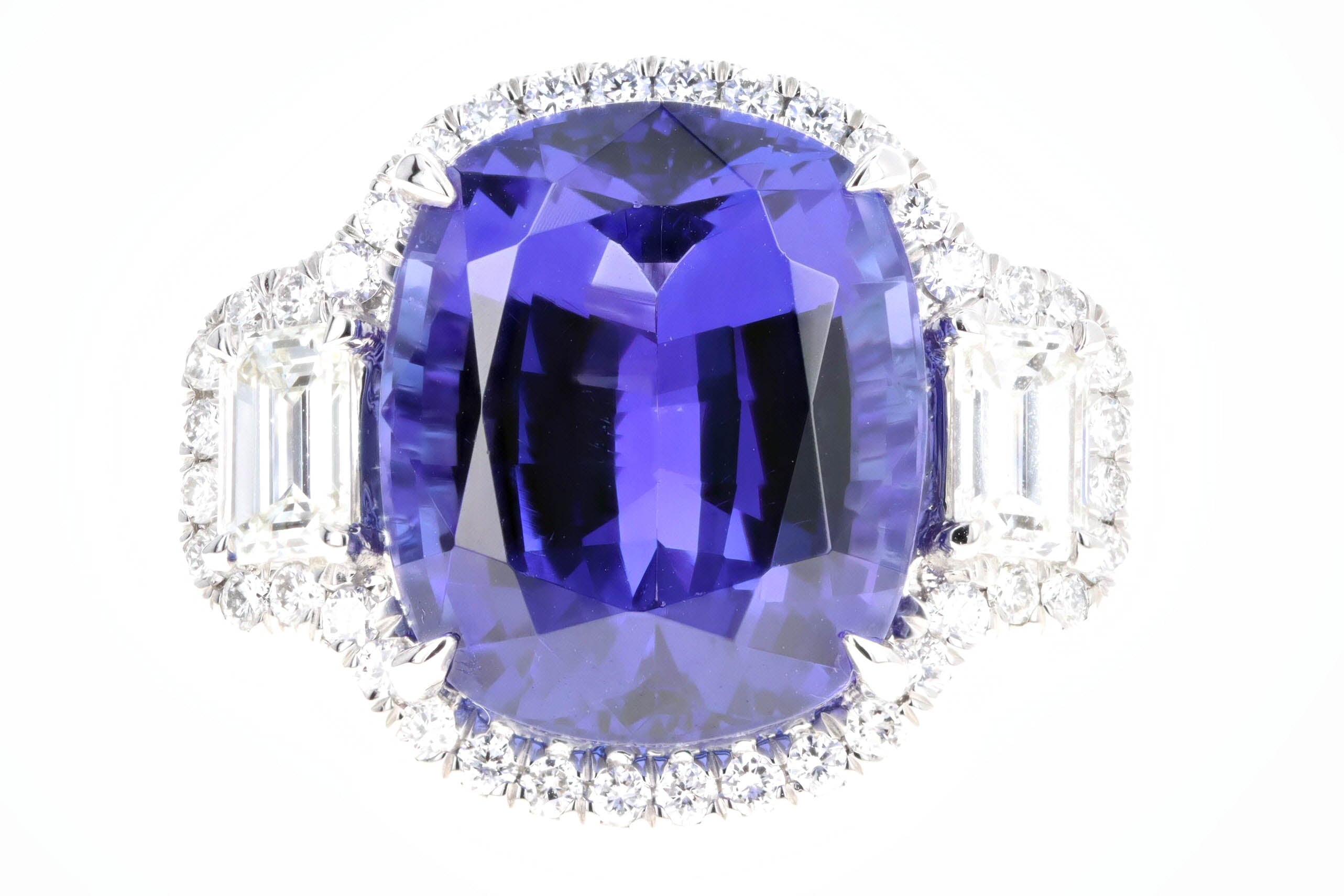 Platinum 13.6 Carat Cushion Tanzanite & Diamond Ring - Queen May
