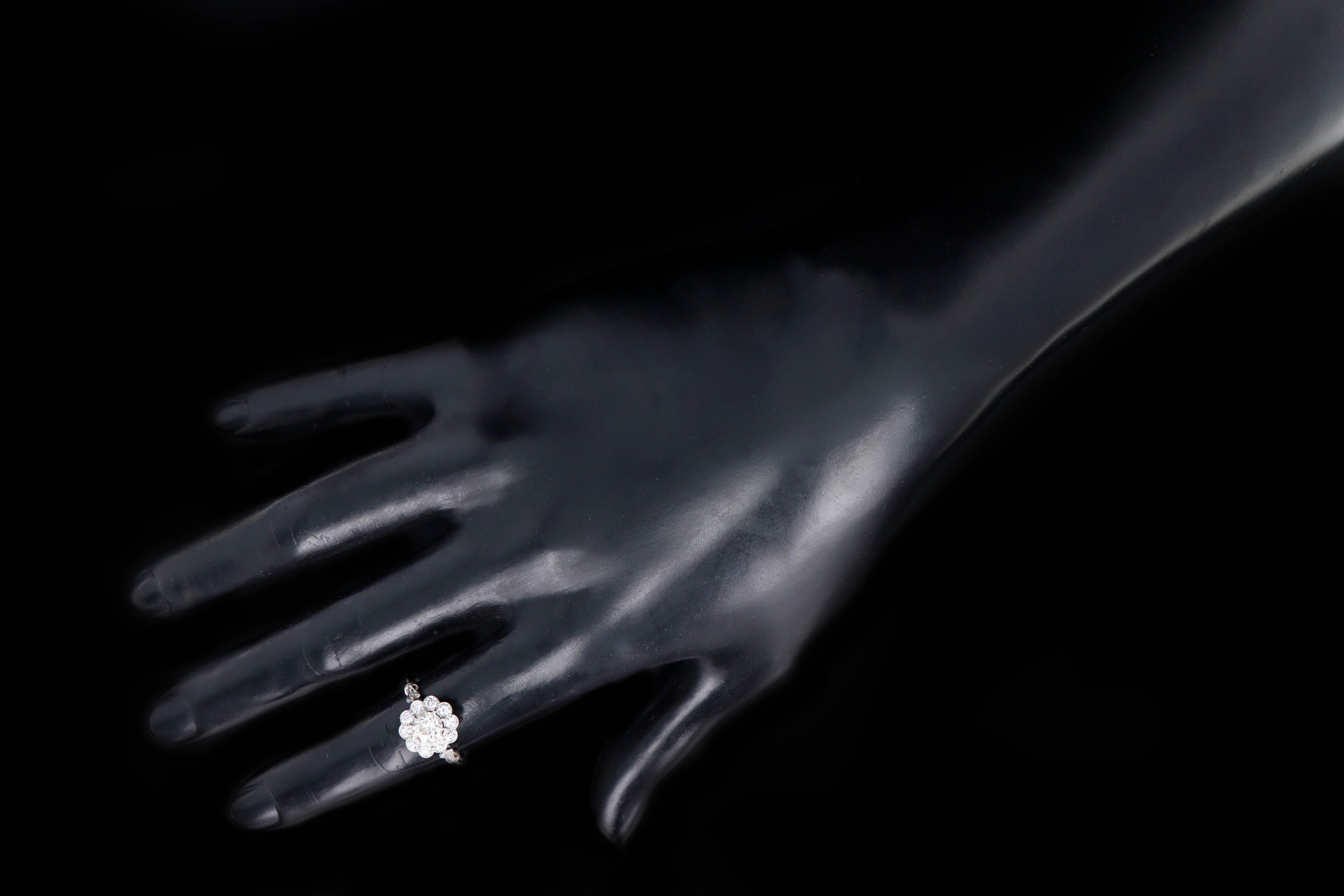 Art Deco Inspired Platinum 0.72 Carat Old European Cut Diamond Halo Cluster Engagement Ring - Queen May