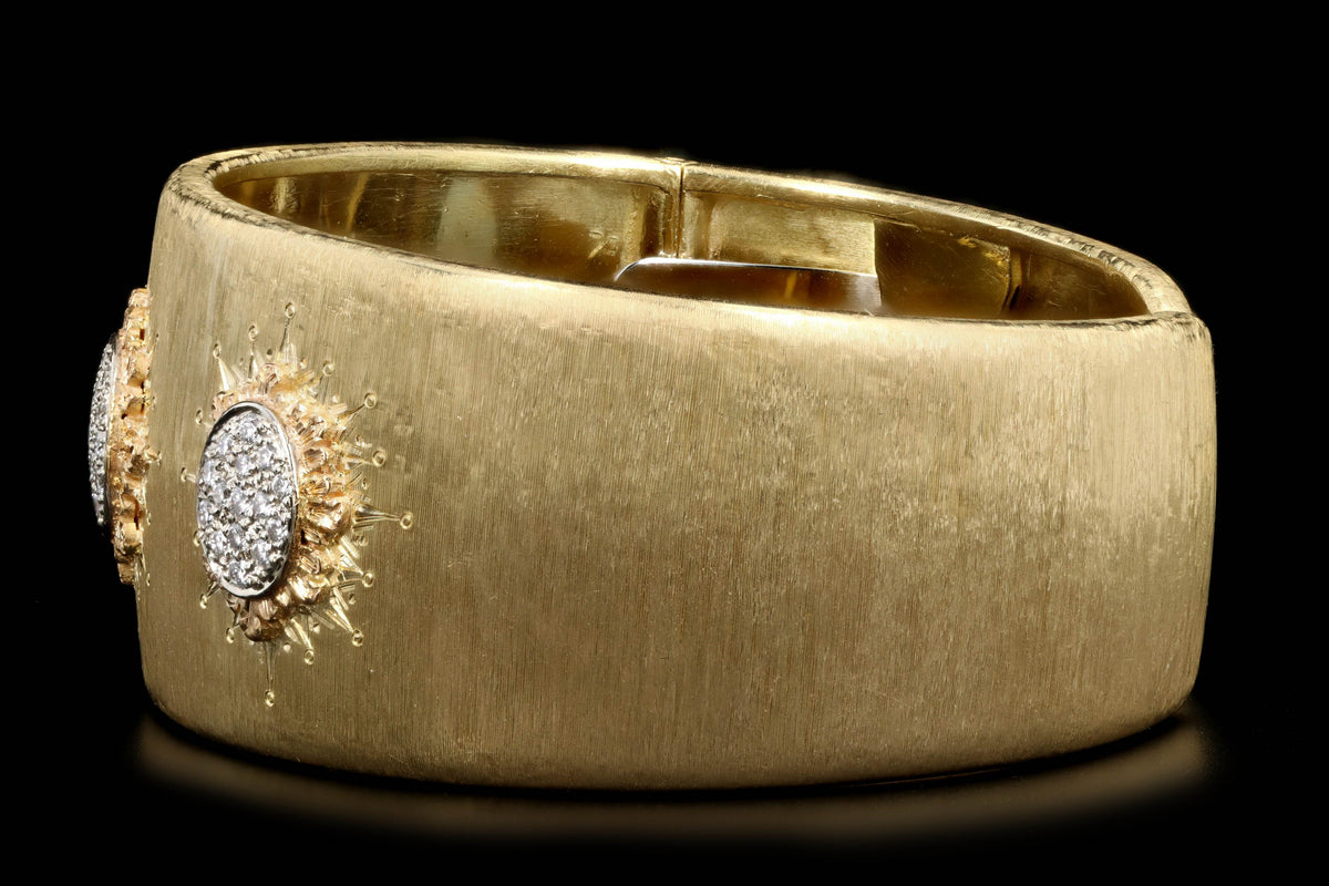 18K Yellow Gold 0.50 Carat Total Weight Diamond Pave Florentine Finish Cuff Bracelet - Queen May