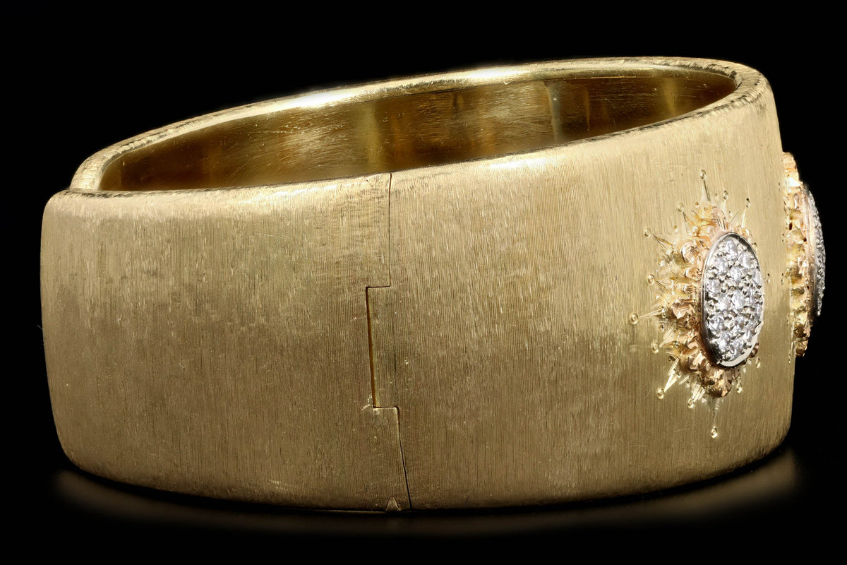 18K Yellow Gold 0.50 Carat Total Weight Diamond Pave Florentine Finish Cuff Bracelet - Queen May