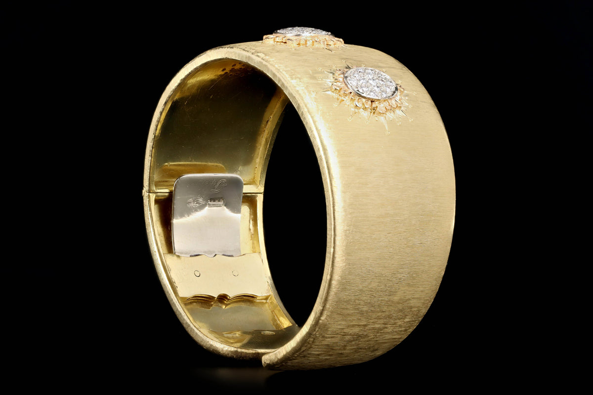 18K Yellow Gold 0.50 Carat Total Weight Diamond Pave Florentine Finish Cuff Bracelet - Queen May