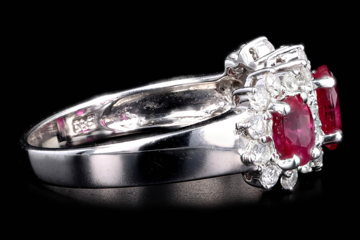 14K White Gold Oval Natural Ruby & Diamond Halo Three Stone Band - Queen May