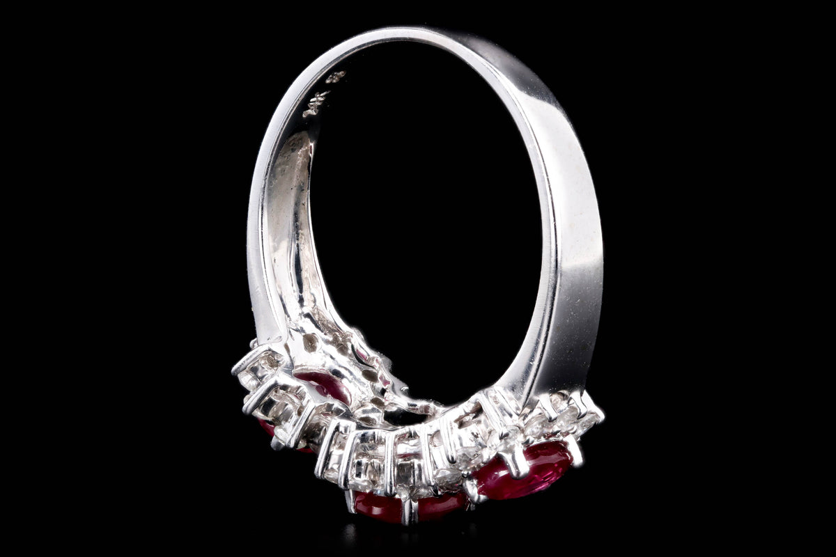 14K White Gold Oval Natural Ruby & Diamond Halo Three Stone Band - Queen May