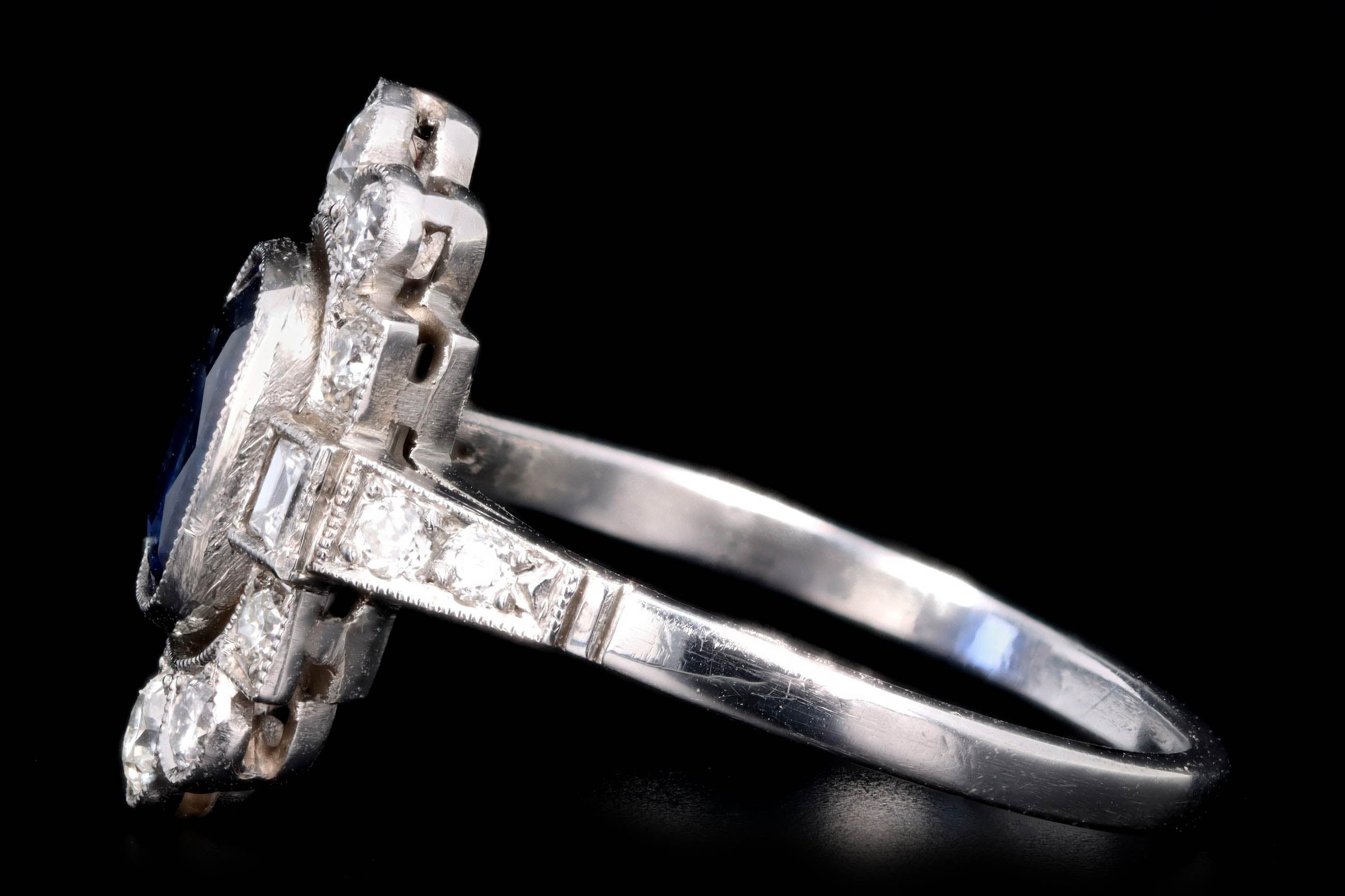 Art Deco Inspired Platinum 1.16 Carat Cushion Cut Natural Sapphire & Diamond Graduated Halo Ring - Queen May