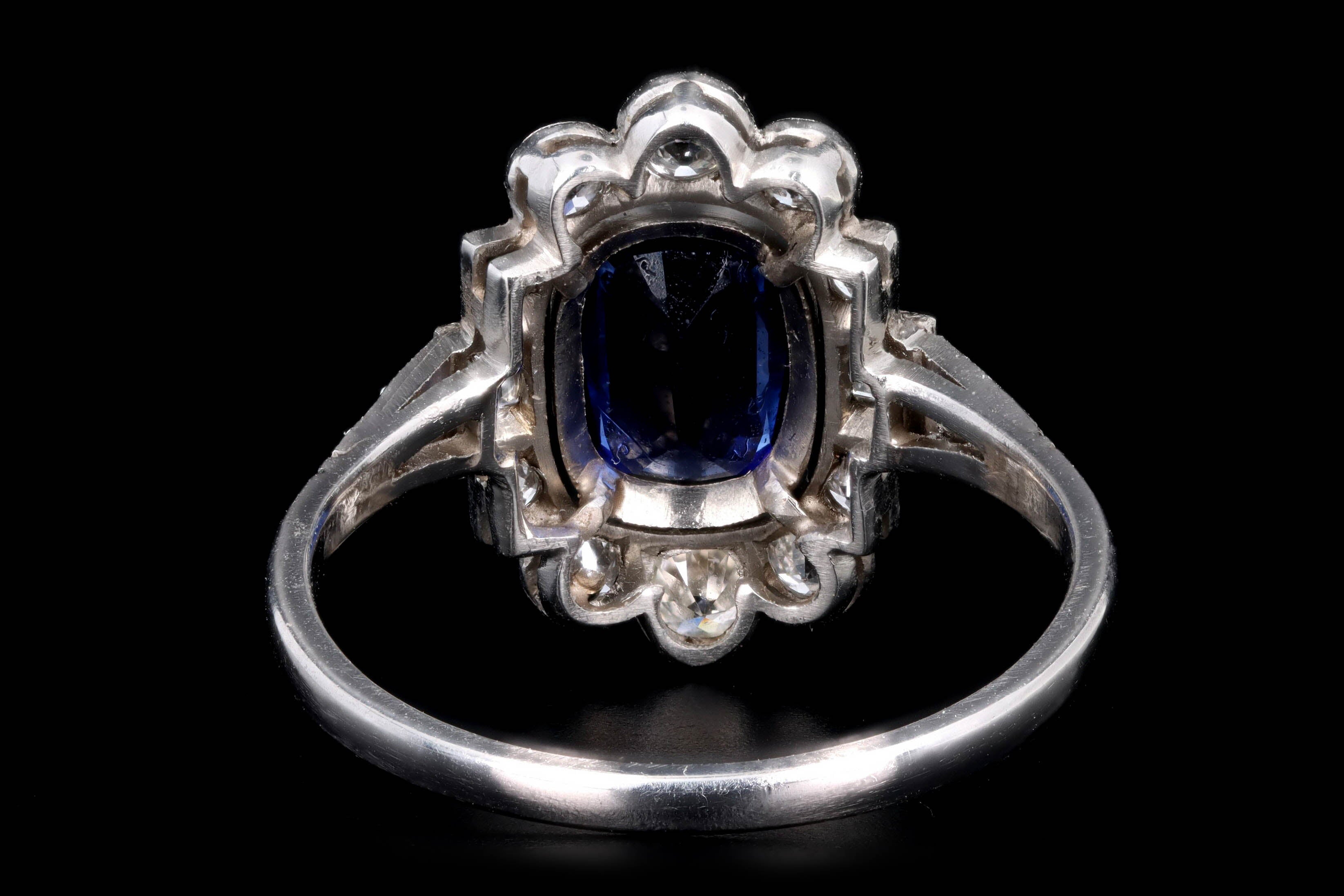 Art Deco Inspired Platinum 1.16 Carat Cushion Cut Natural Sapphire & Diamond Graduated Halo Ring - Queen May