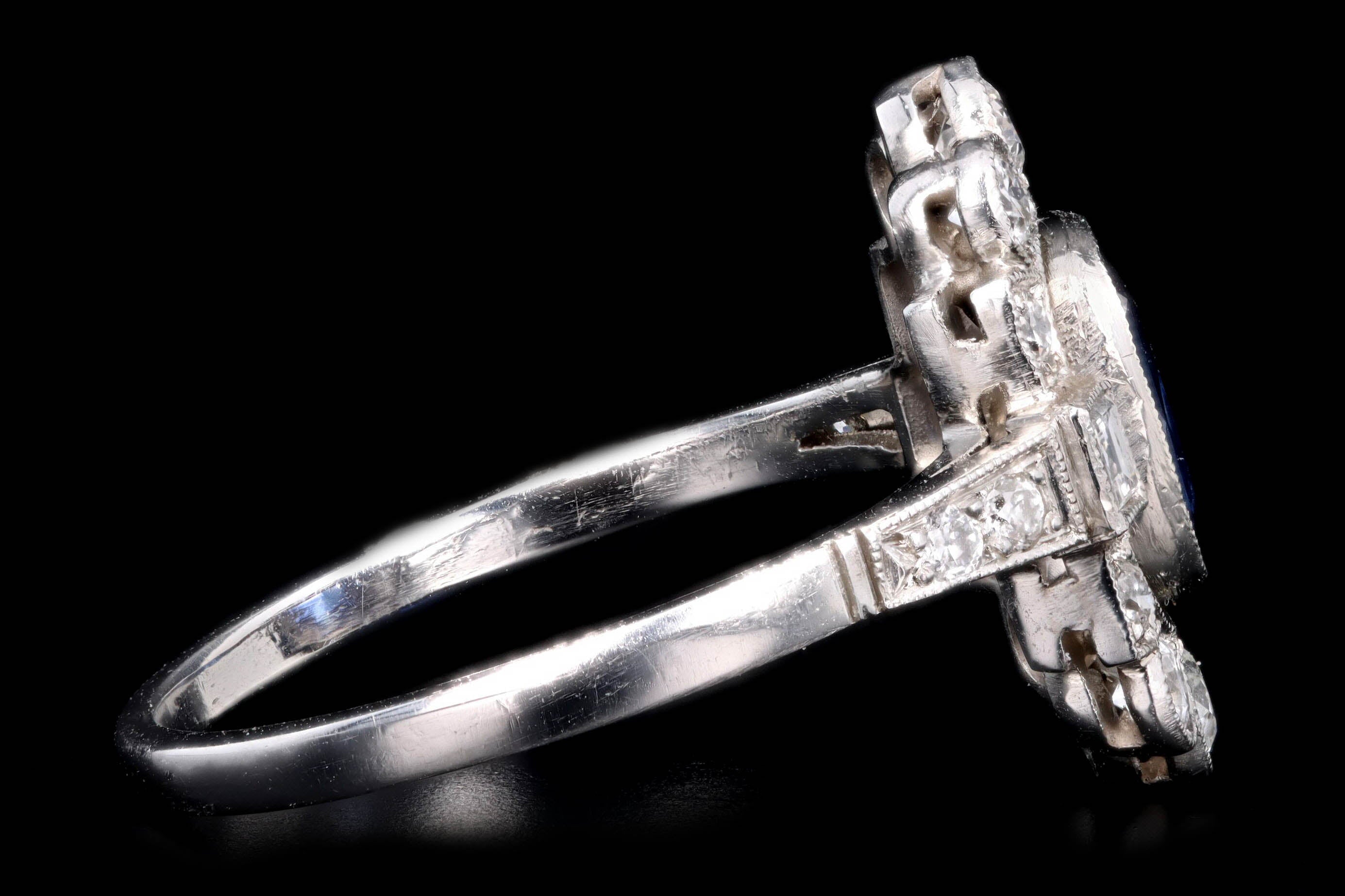 Art Deco Inspired Platinum 1.16 Carat Cushion Cut Natural Sapphire & Diamond Graduated Halo Ring - Queen May