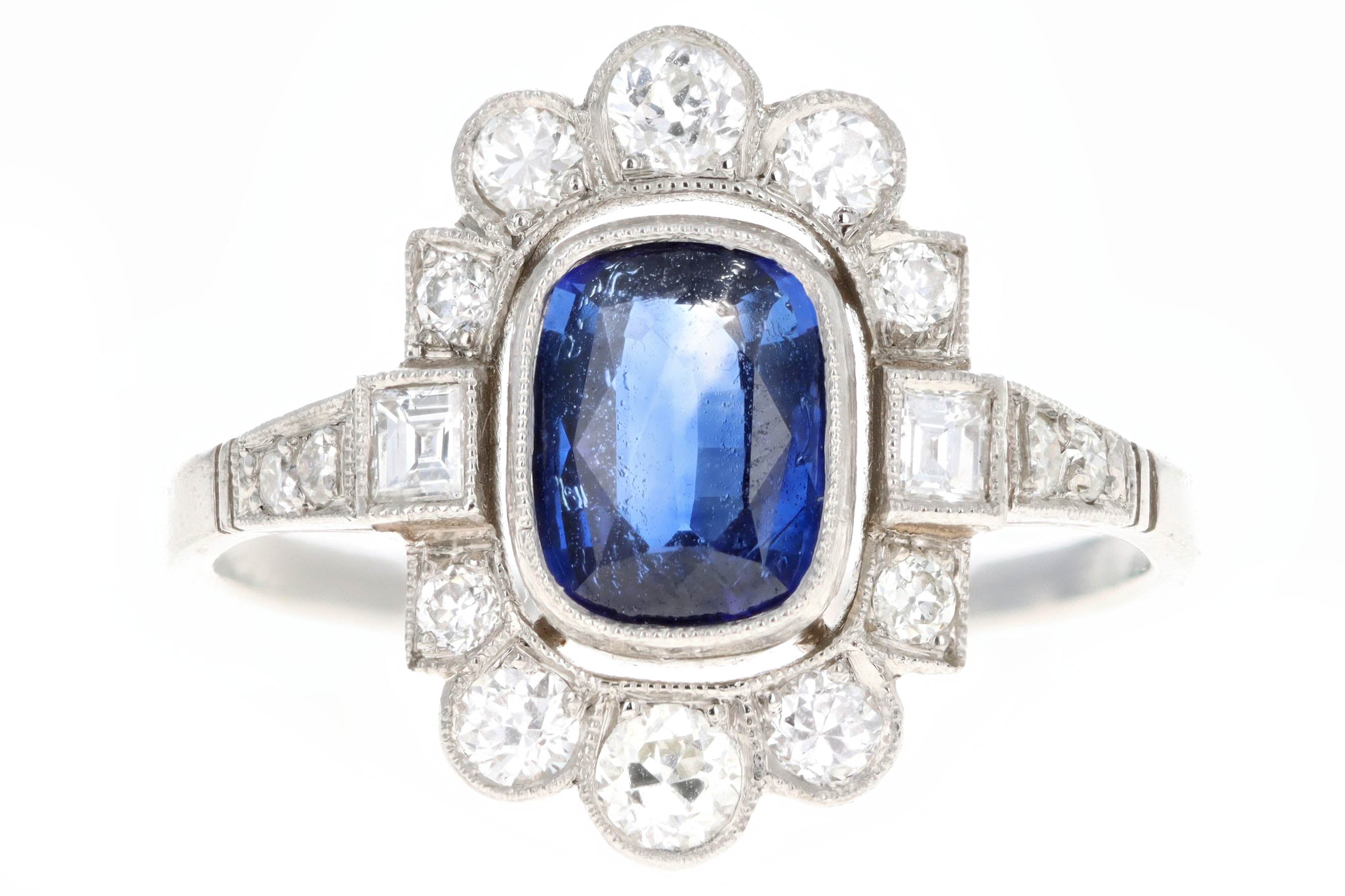 Art Deco Inspired Platinum 1.16 Carat Cushion Cut Natural Sapphire & Diamond Graduated Halo Ring - Queen May